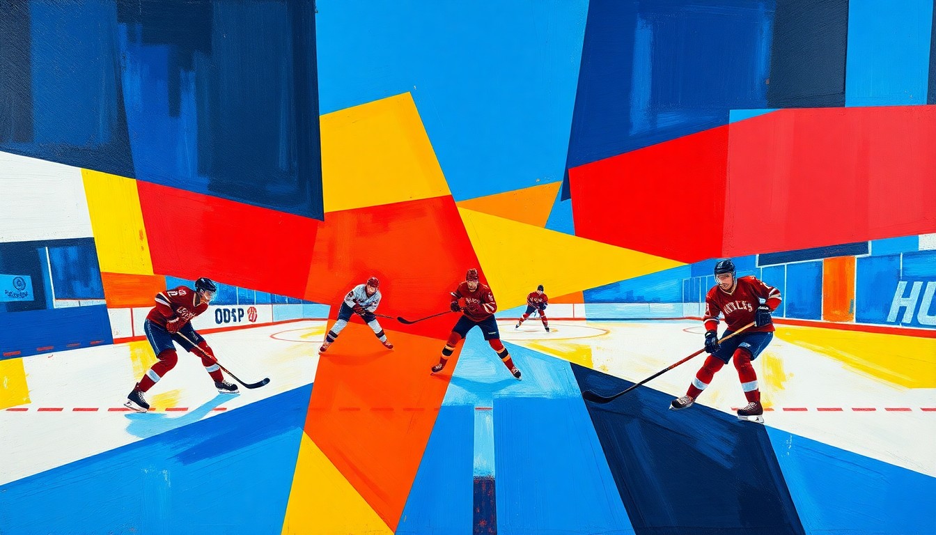 A cubist, geometric painting depicting a women's hockey game, with sharp planes of color representing the dynamic action on the ice.