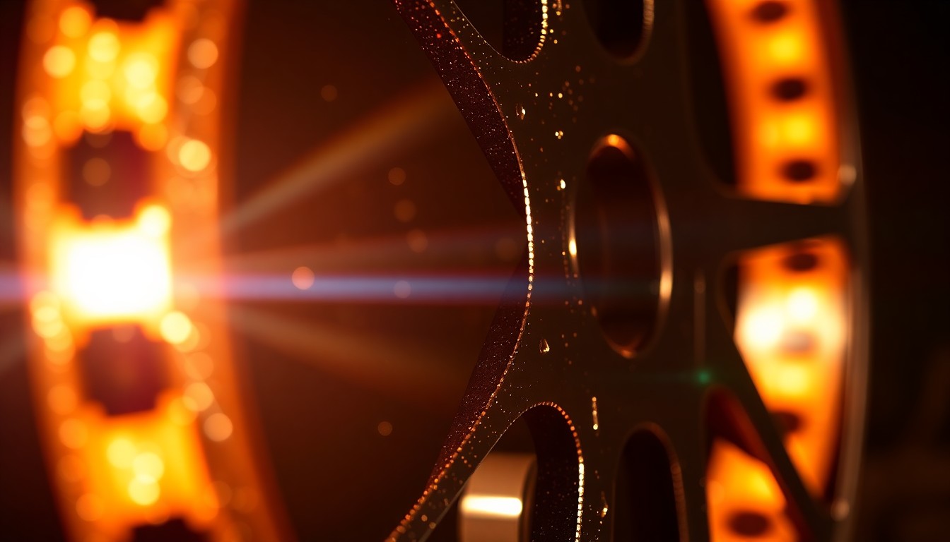 An extreme close-up photograph of shimmering, glittering film reel texture bathed in dramatic high-contrast studio lighting, conveying the glamour and technical craft of the movie industry.