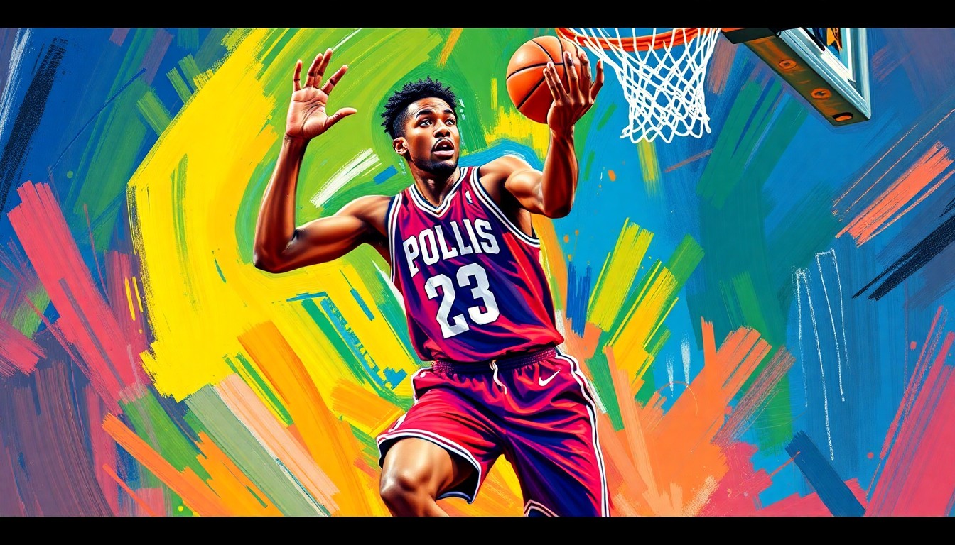 An abstract, energetic painting in vivid neon colors, capturing the raw athleticism and competitive spirit of a college basketball player in motion.