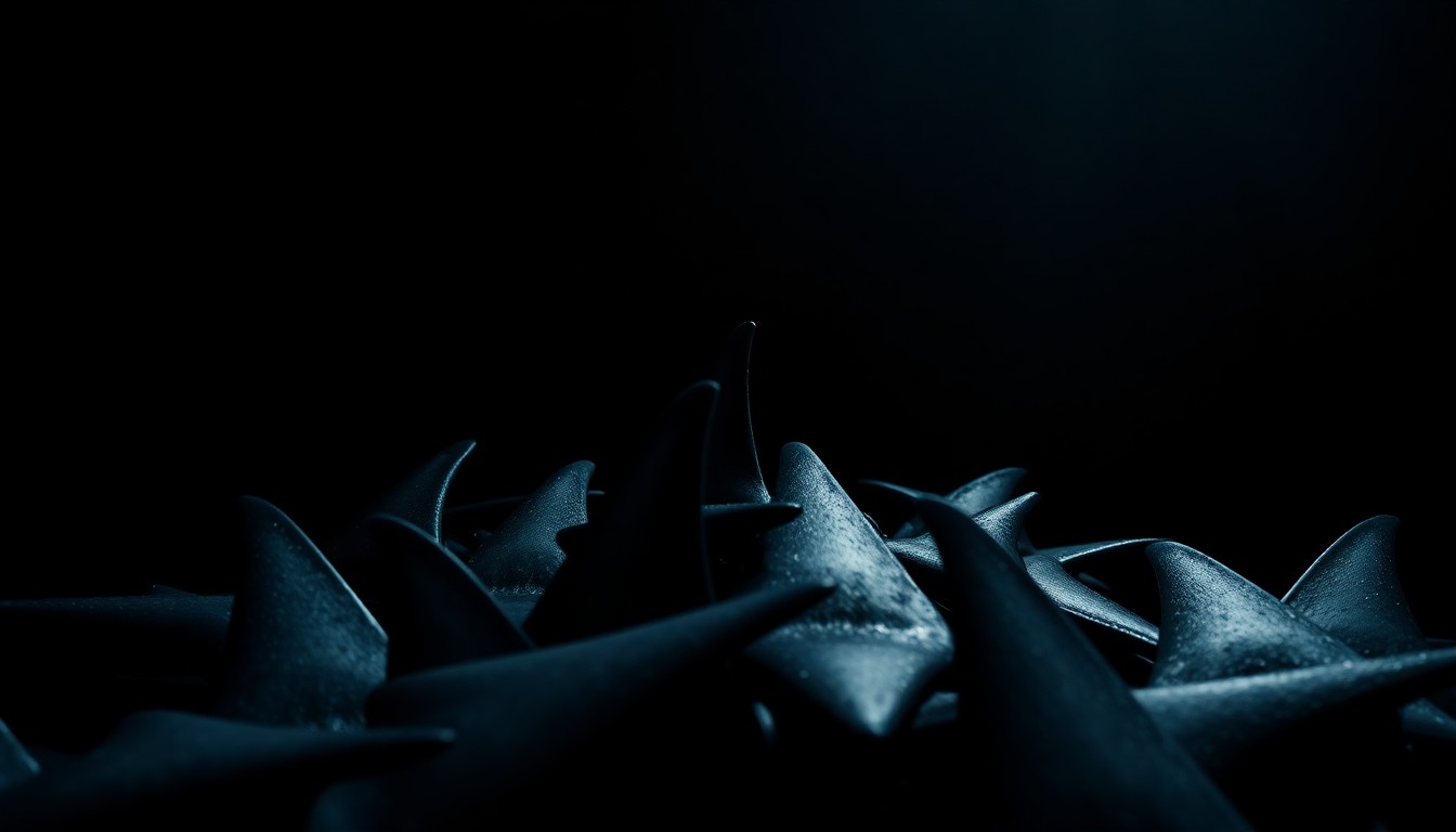 An extreme close-up photograph of a pile of shark fins against a pitch-black background, capturing the textural details and gritty, investigative nature of this wildlife crime case.
