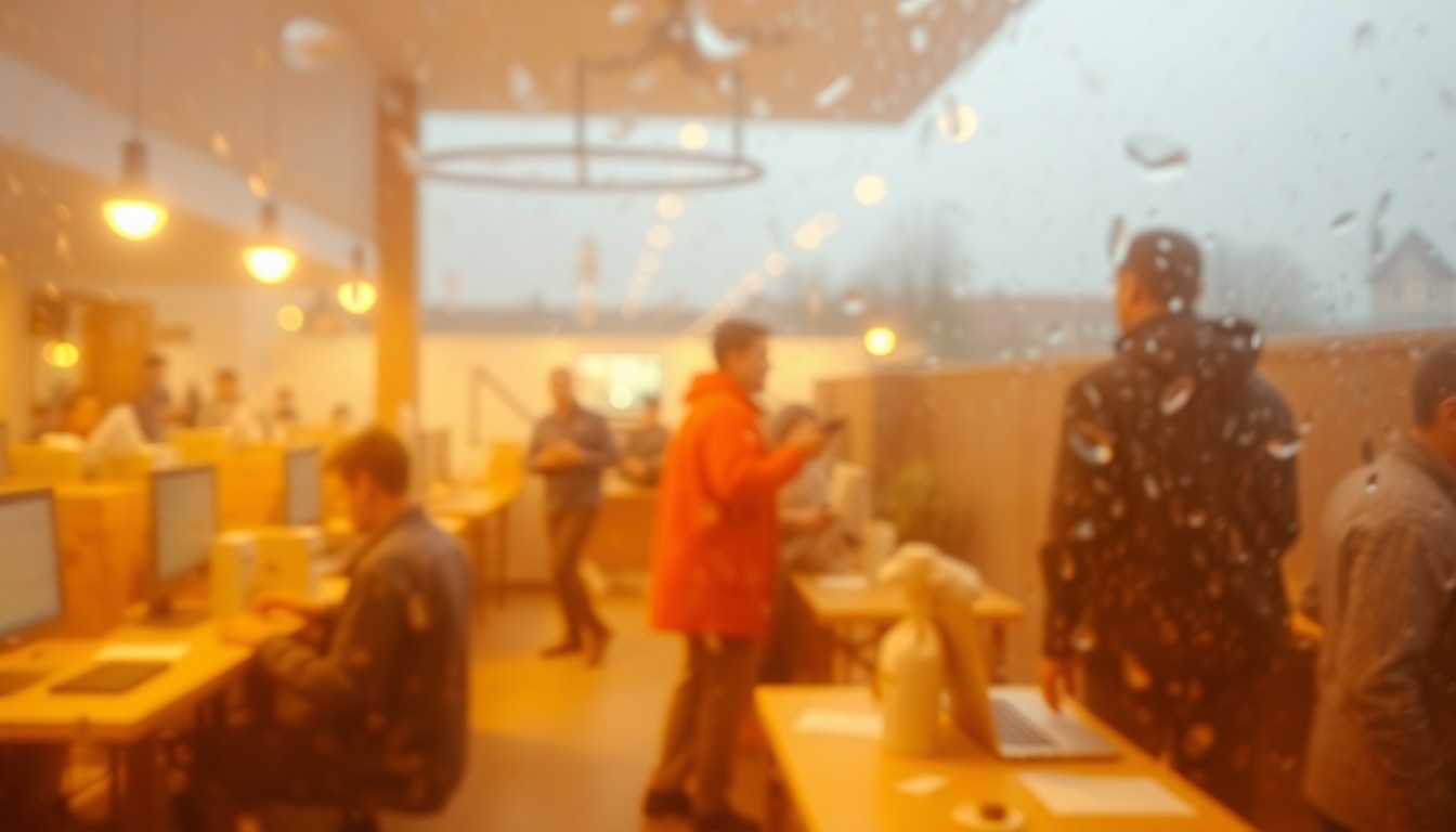 An abstract, out-of-focus photograph depicting blurred scenes of people receiving meals, accessing computers, and finding shelter, all in a warm, dreamlike palette of muted colors, conceptually representing the vital services provided by Catholic Charities of Southern Nevada.