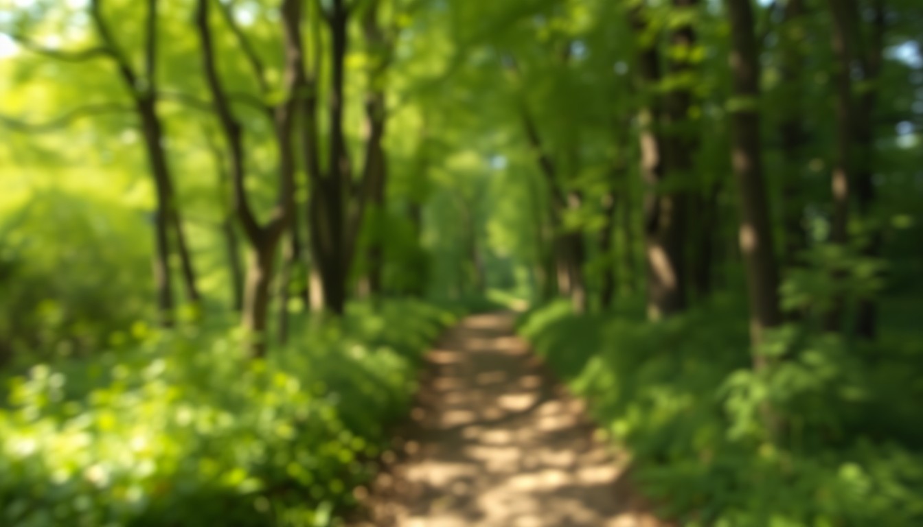 An abstract, impressionistic photograph of a forest path with soft, blurred edges and warm, golden light filtering through the trees, conveying a sense of tranquility and natural beauty.