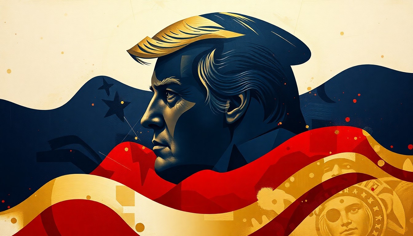 A dynamic, fragmented painting featuring the shadowy outline of a politician's figure repeated in overlapping geometric shapes, conveying the turbulent, divisive nature of current U.S. politics.