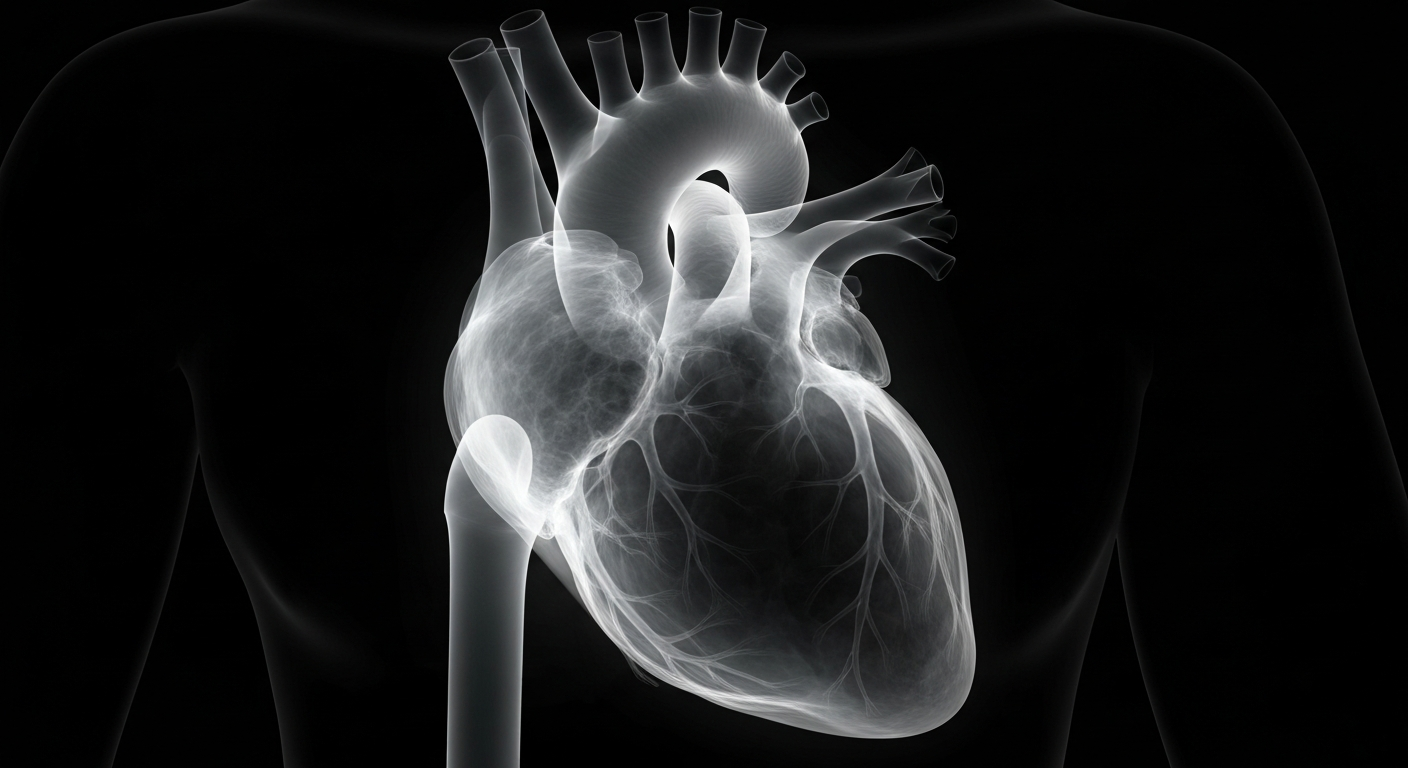 A translucent, ghostly X-ray photograph showing the internal structure of a human heart, appearing strained and dysfunctional, conceptually representing the cardiac issues linked to severe hypothyroidism.