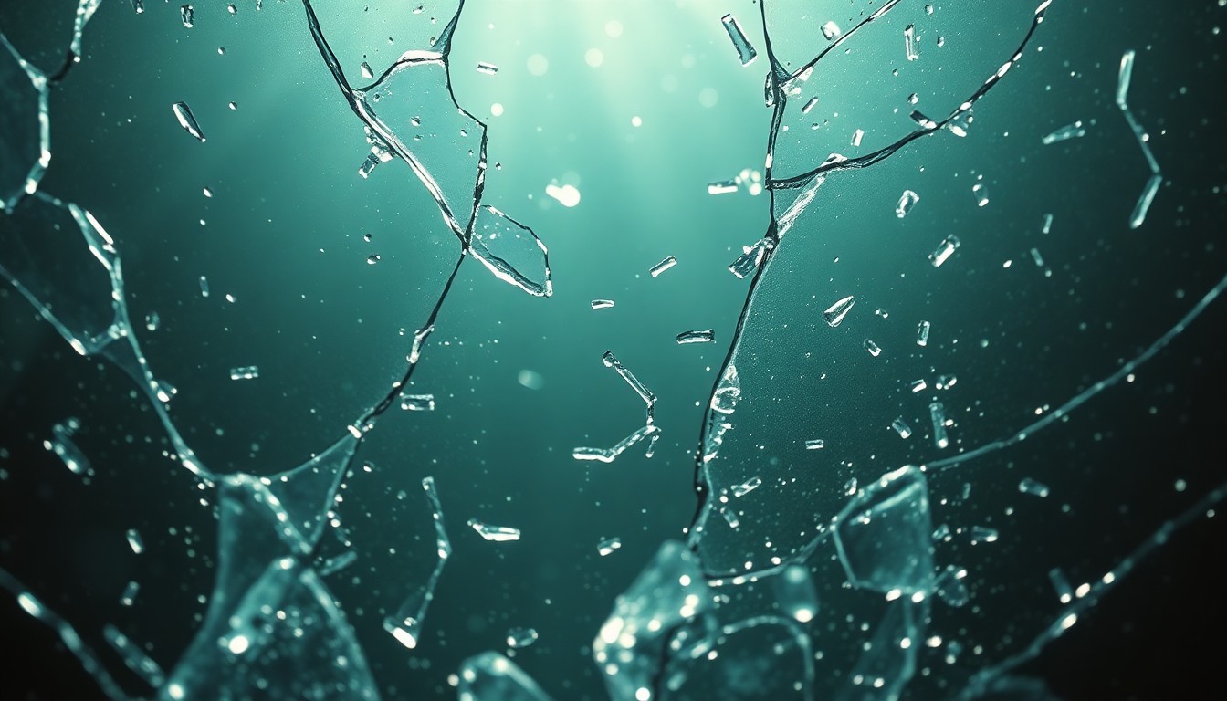 An abstract close-up image featuring shards of broken glass and sparkling sequins, conveying the gritty yet glamorous aesthetic of the Outsiders musical through dramatic lighting and texture.