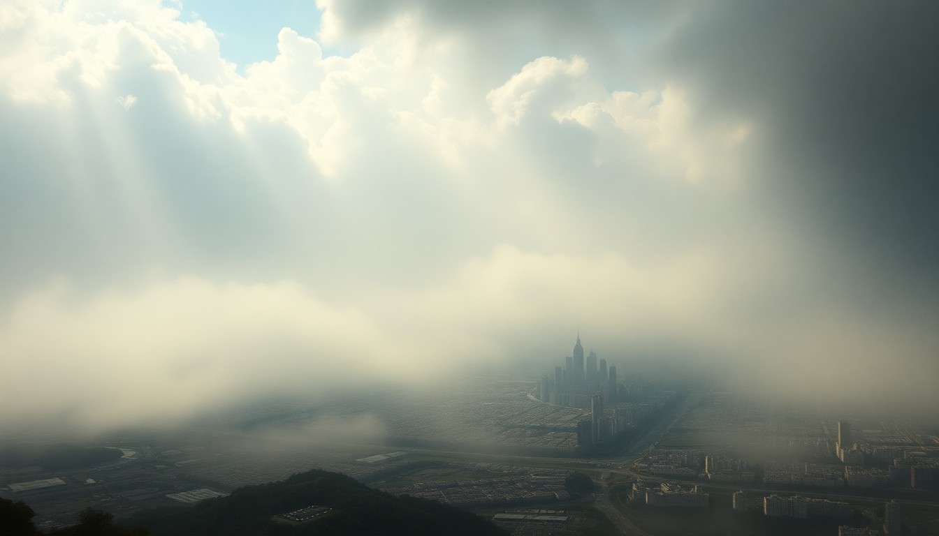 A sweeping, atmospheric landscape painting depicting a dense marine layer of fog obscuring the details of a cityscape below, conveying the overwhelming power of natural forces to shape the urban environment.