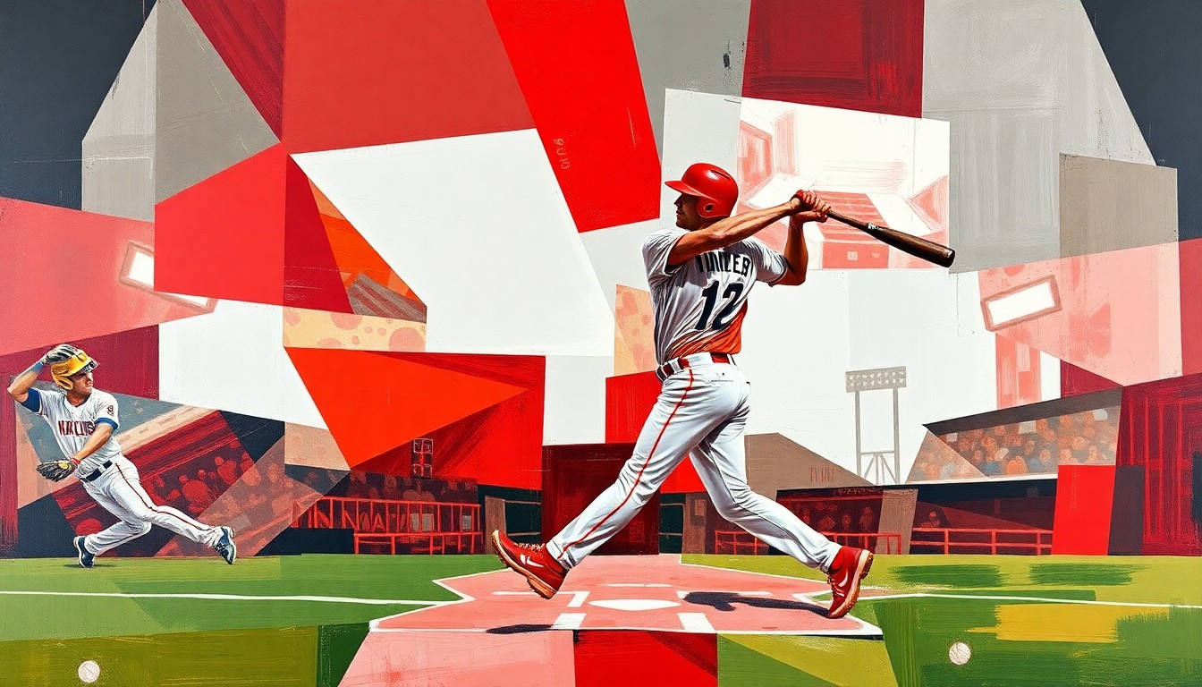 A fragmented, geometric painting in shades of red and gray, depicting the explosive motion and multiple perspectives of a baseball player swinging the bat and hitting a home run.