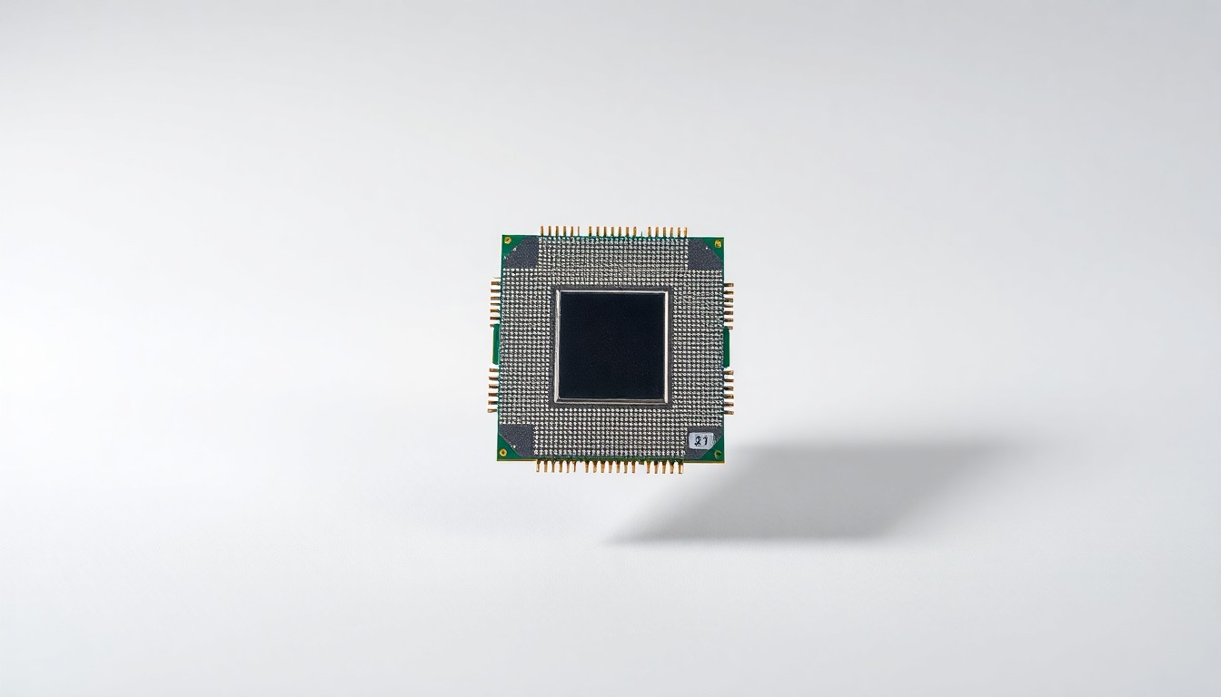 A photorealistic studio still-life image of a polished, metallic semiconductor chip component floating on a clean, monochromatic background, using dramatic lighting and shadows to represent the abstract corporate and market forces impacting the technology sector.