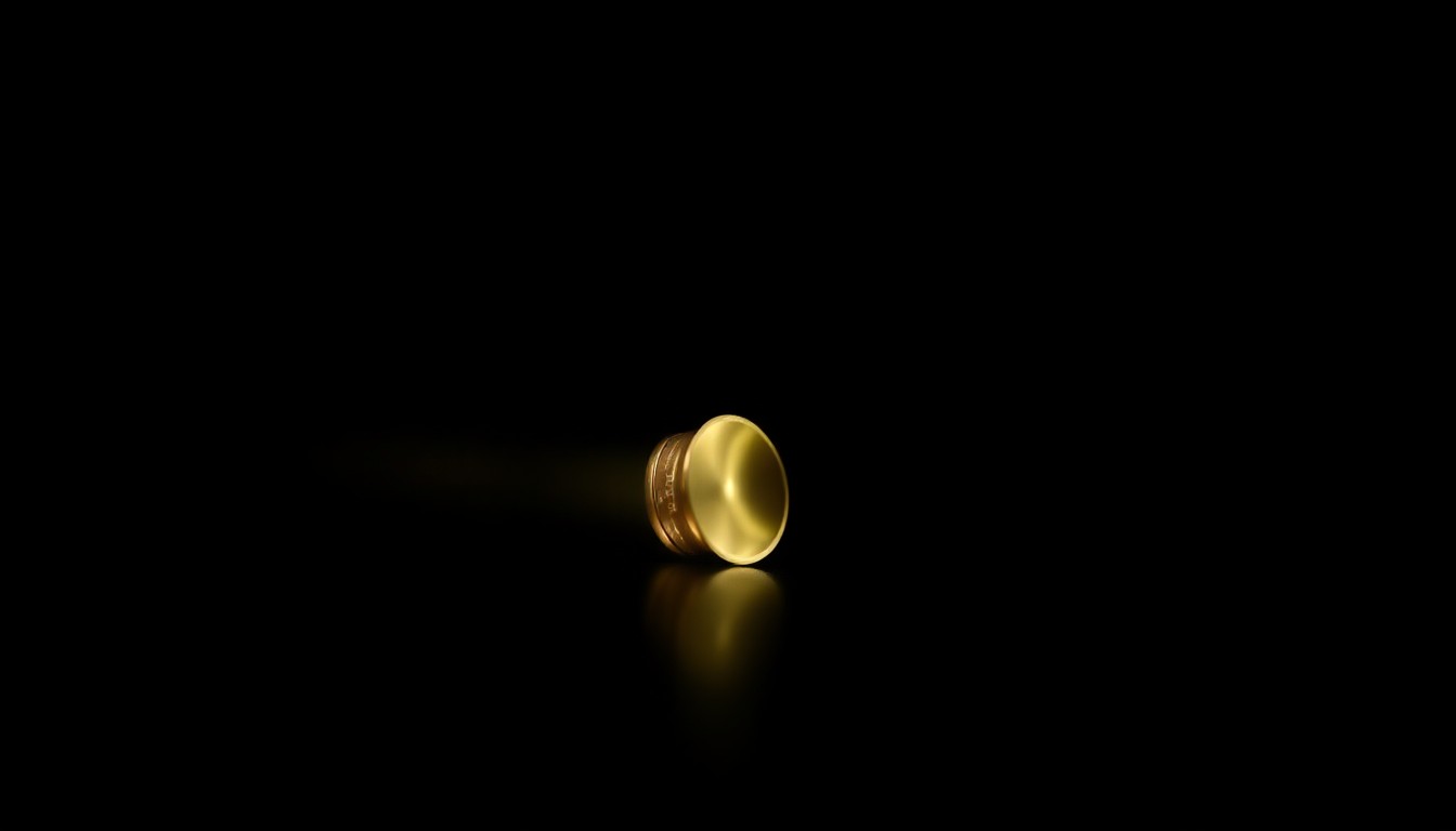 An extreme close-up photograph of a single spent shell casing on a dark surface, lit by a harsh, direct camera flash, conceptually representing the tragic aftermath of gun violence.