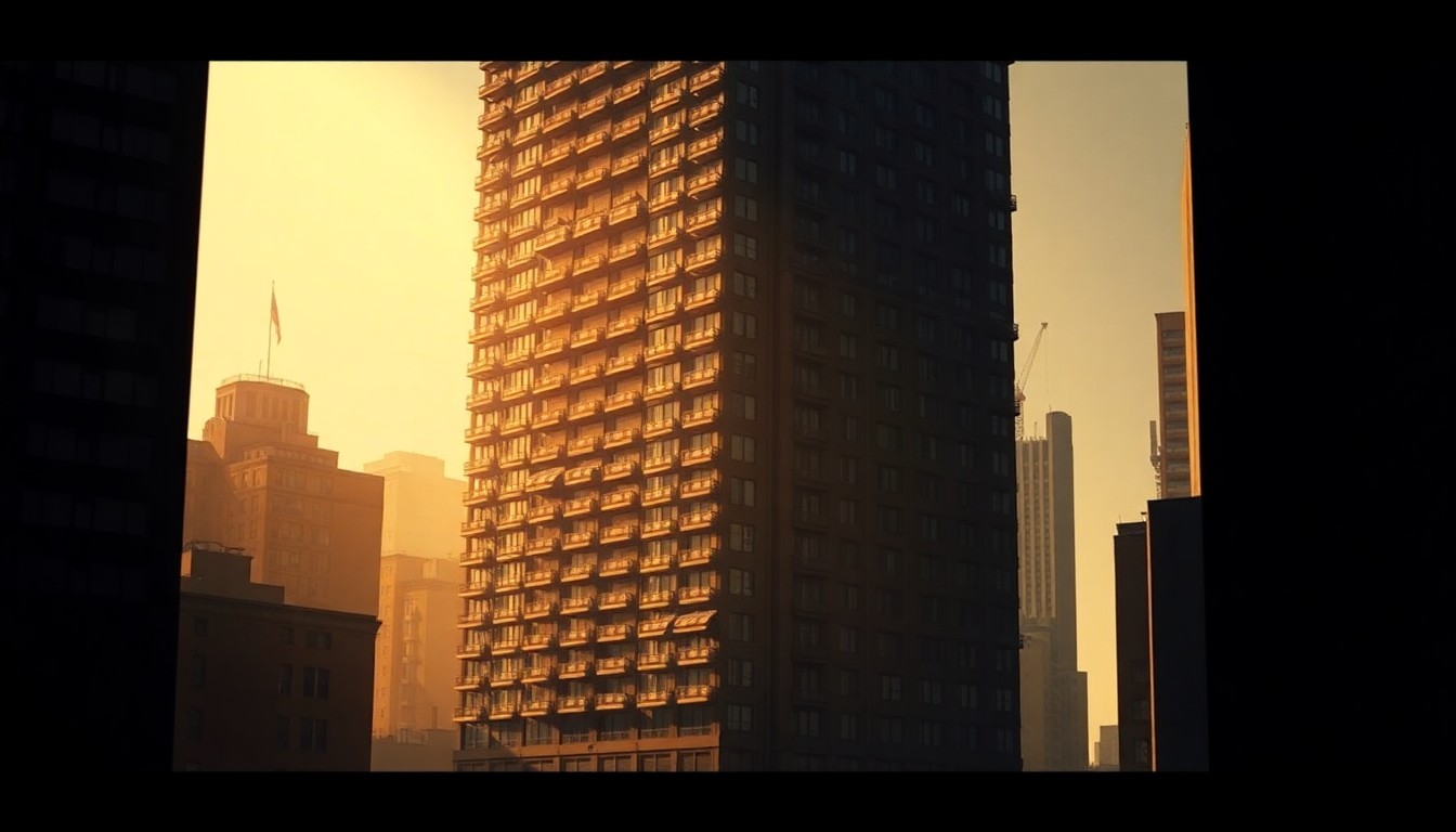 A serene, cinematic painting of a towering luxury apartment building in New York City, with warm sunlight casting long shadows across the facade and surrounding cityscape, conveying a sense of solitude and exclusivity.