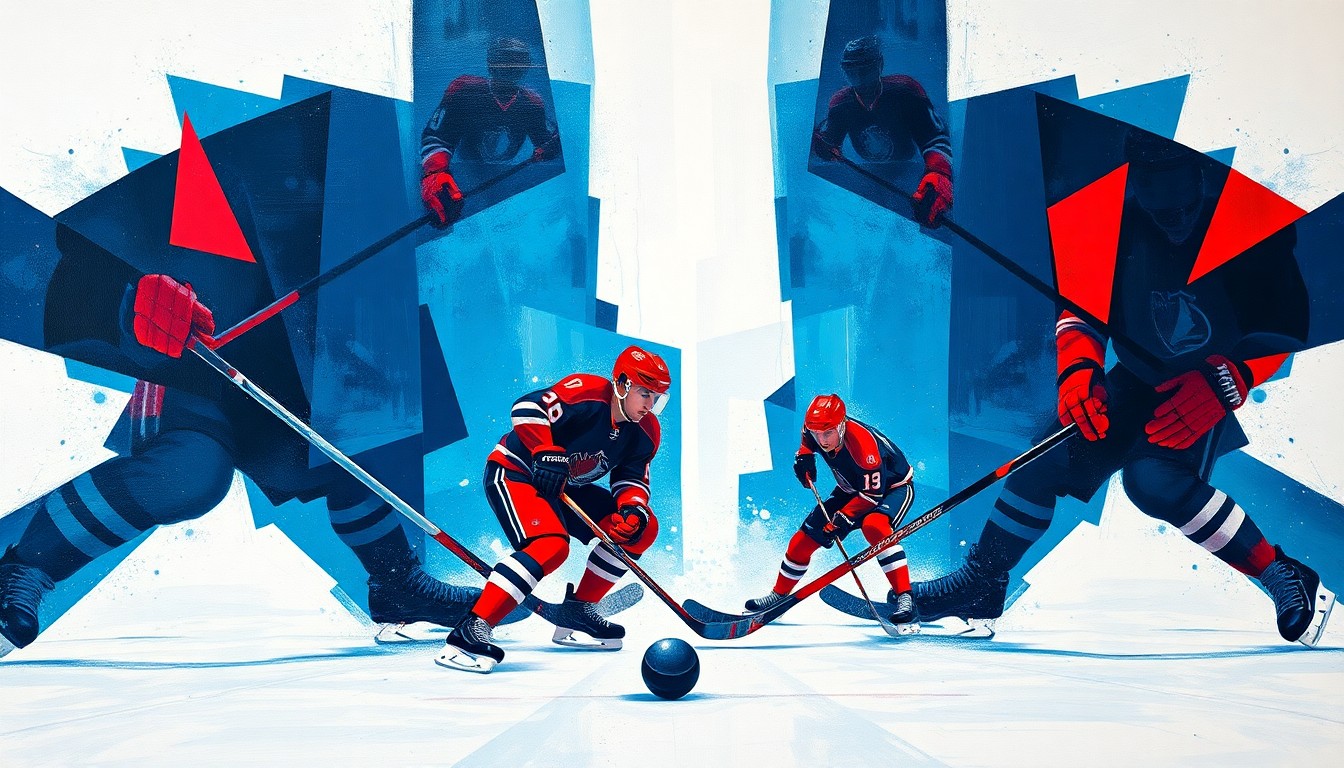 A fractured, cubist-style painting depicting the intense action of a hockey game, with the players and puck represented as fragmented, angular shapes in a vibrant color palette.