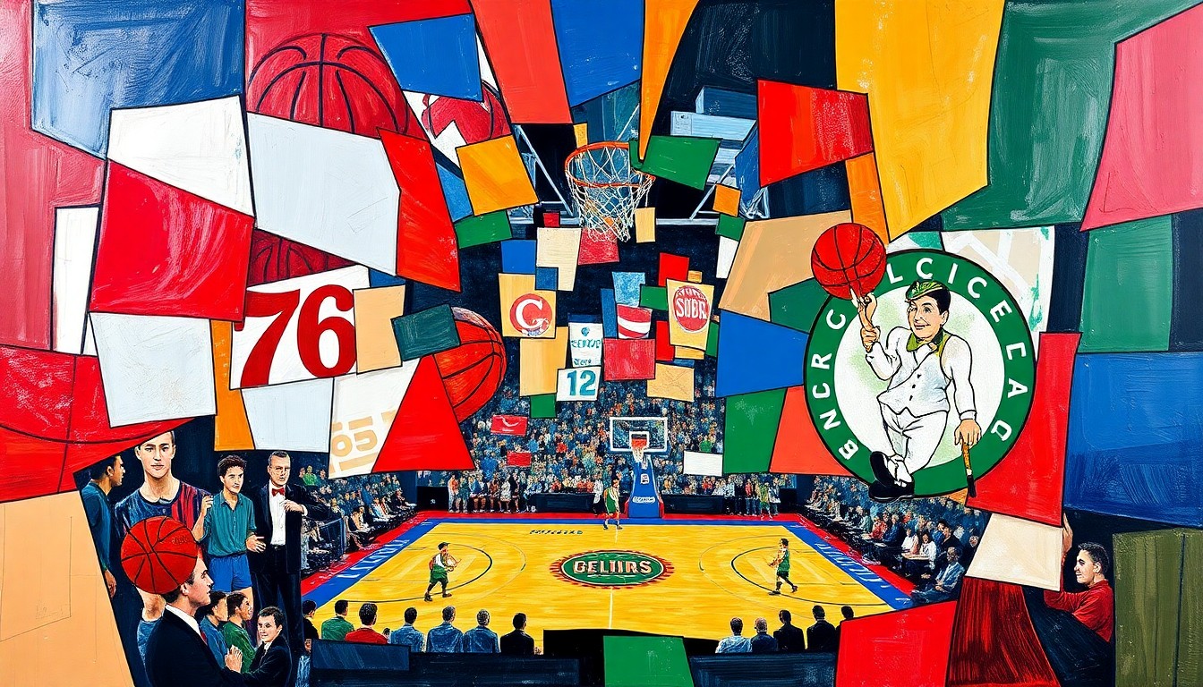 A fractured, cubist-style painting depicting a basketball game between the Philadelphia 76ers and Boston Celtics, with the players and court broken down into sharp, overlapping geometric shapes and planes of red, white, blue, and green.