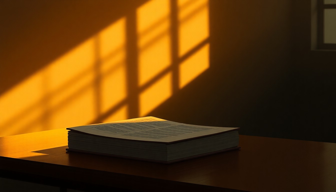 A realistic oil painting of a lone law book on a desk, with warm sunlight streaming in through a window and deep shadows across the surface, conveying a sense of quiet contemplation and the weight of ethical responsibility in the legal field.