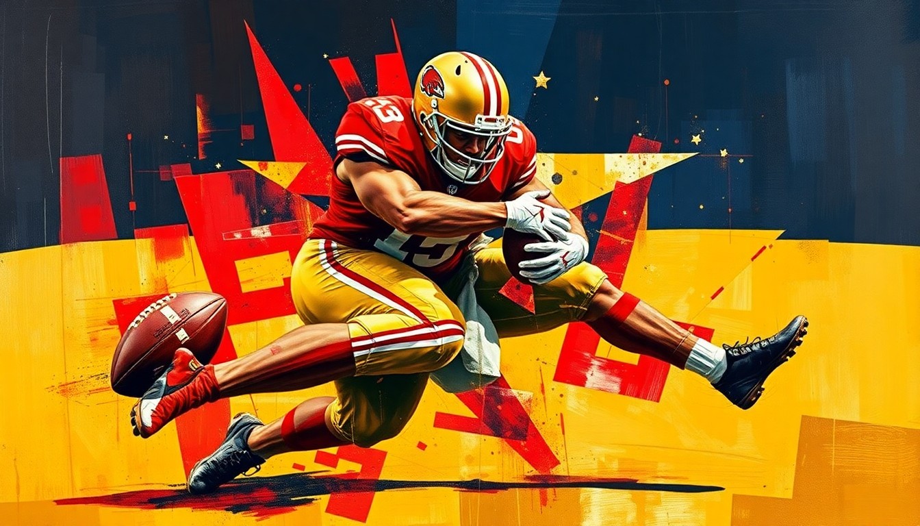 A fractured, cubist-style painting depicting the explosive energy of a football tackle, with sharp geometric planes in shades of red, gold, and navy.