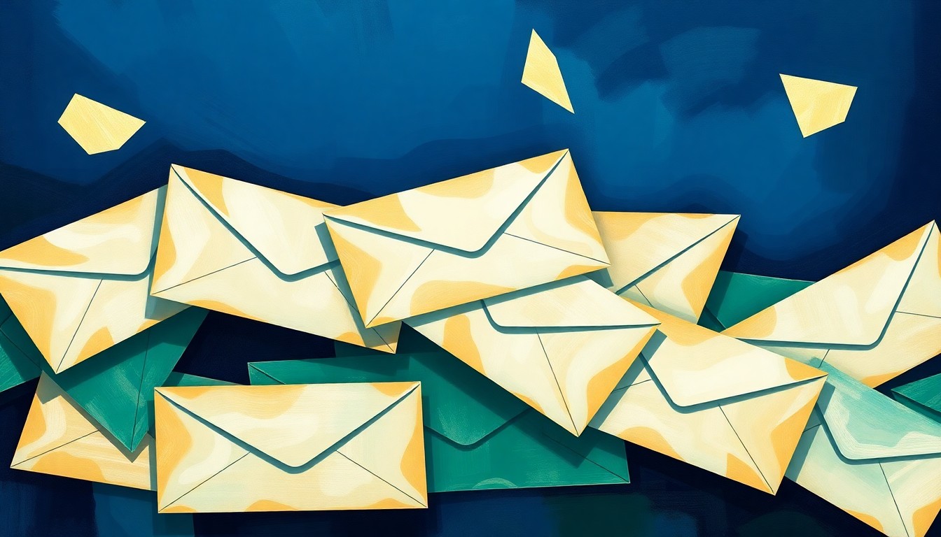 An abstract, fragmented painting in bold colors depicting a stack of campaign donation envelopes, conveying the rapid pace of political fundraising.