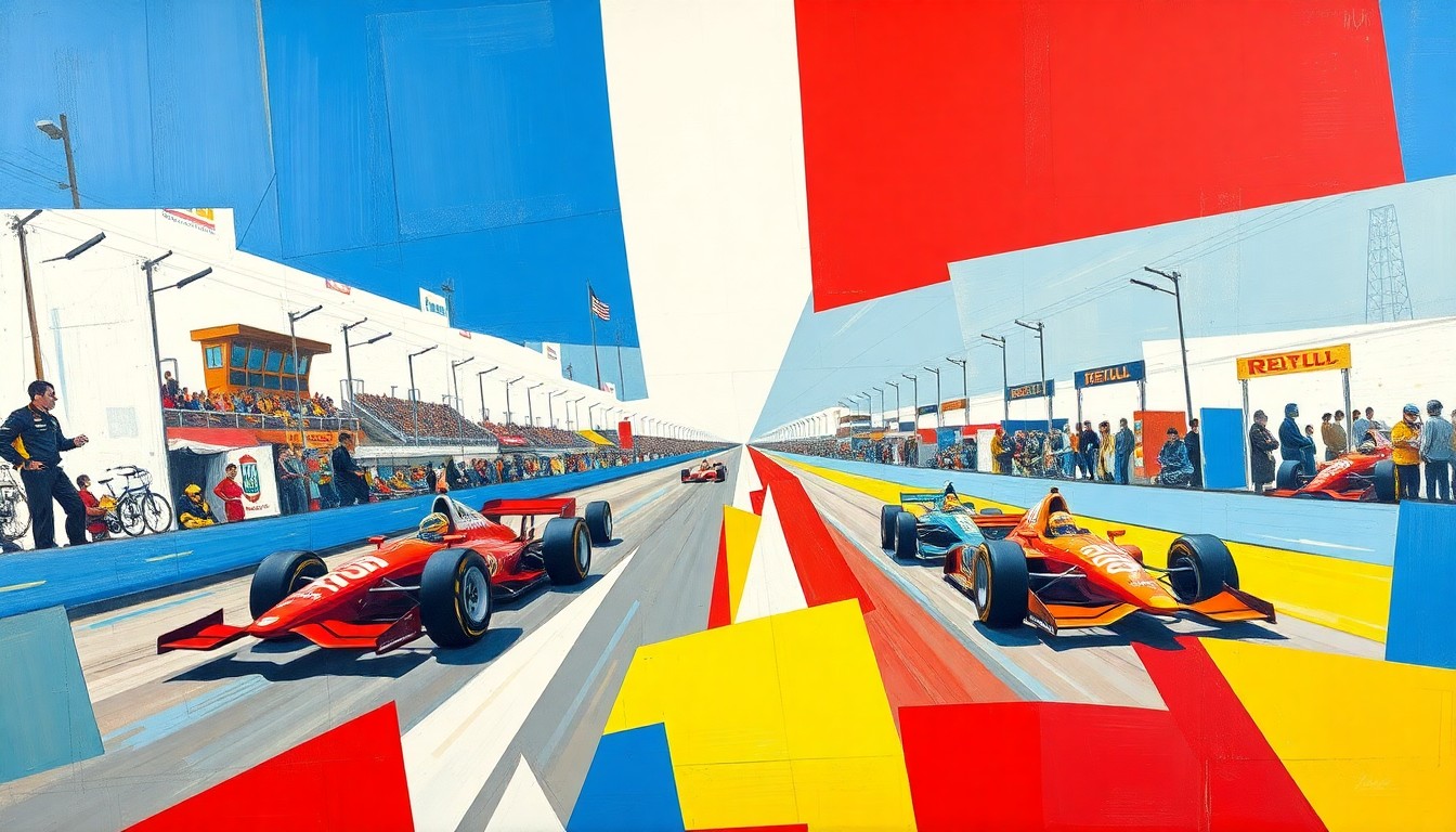 A cubist, geometric painting depicting an INDYCAR race scene broken down into sharp, overlapping planes of bold primary colors, conceptually representing the technical advancements and high-energy of open-wheel racing.
