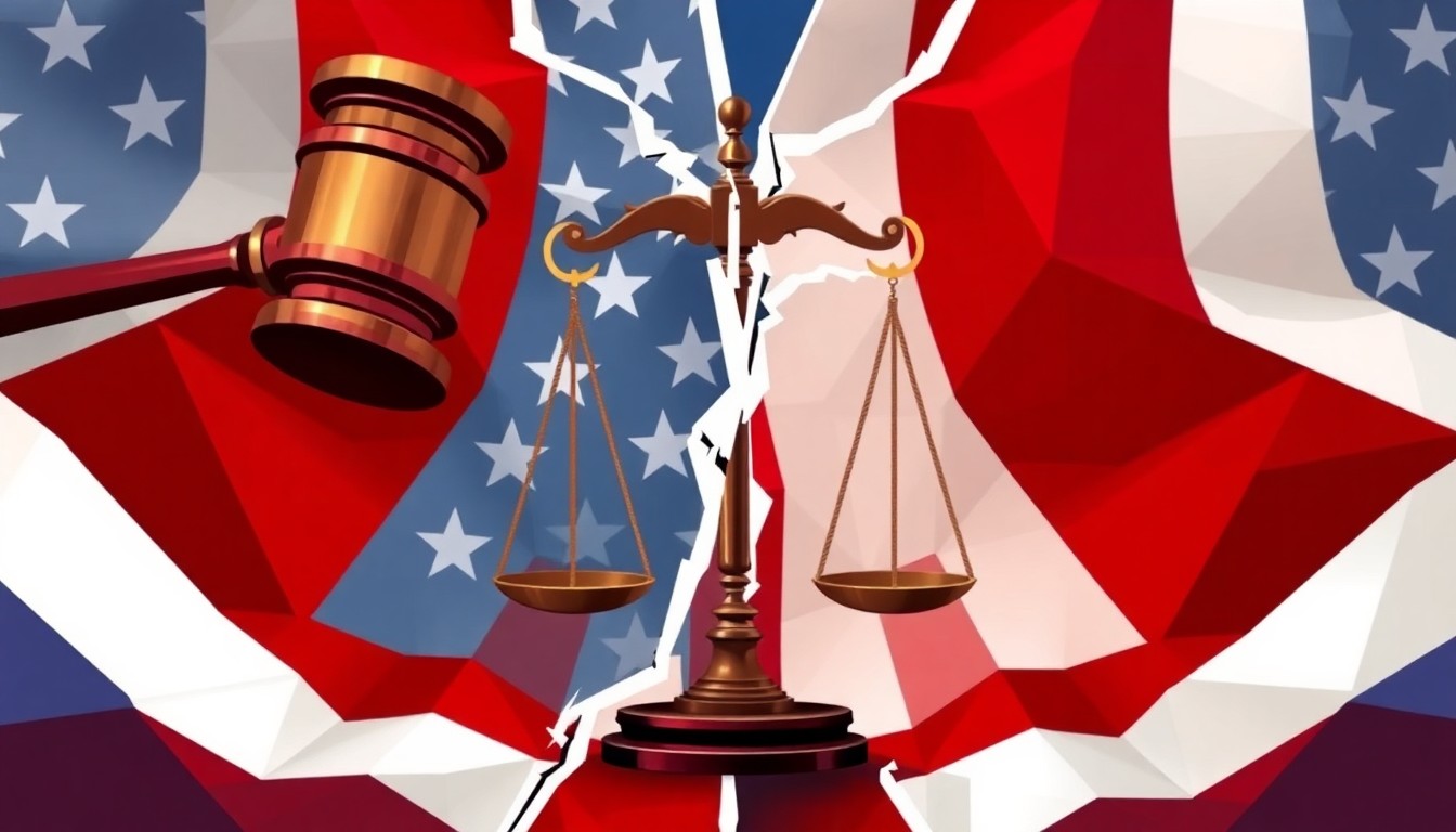 A conceptual illustration featuring fragmented, overlapping shapes and waves of red, white, and blue paint, representing the fractured political landscape surrounding the Trump impeachment controversy.