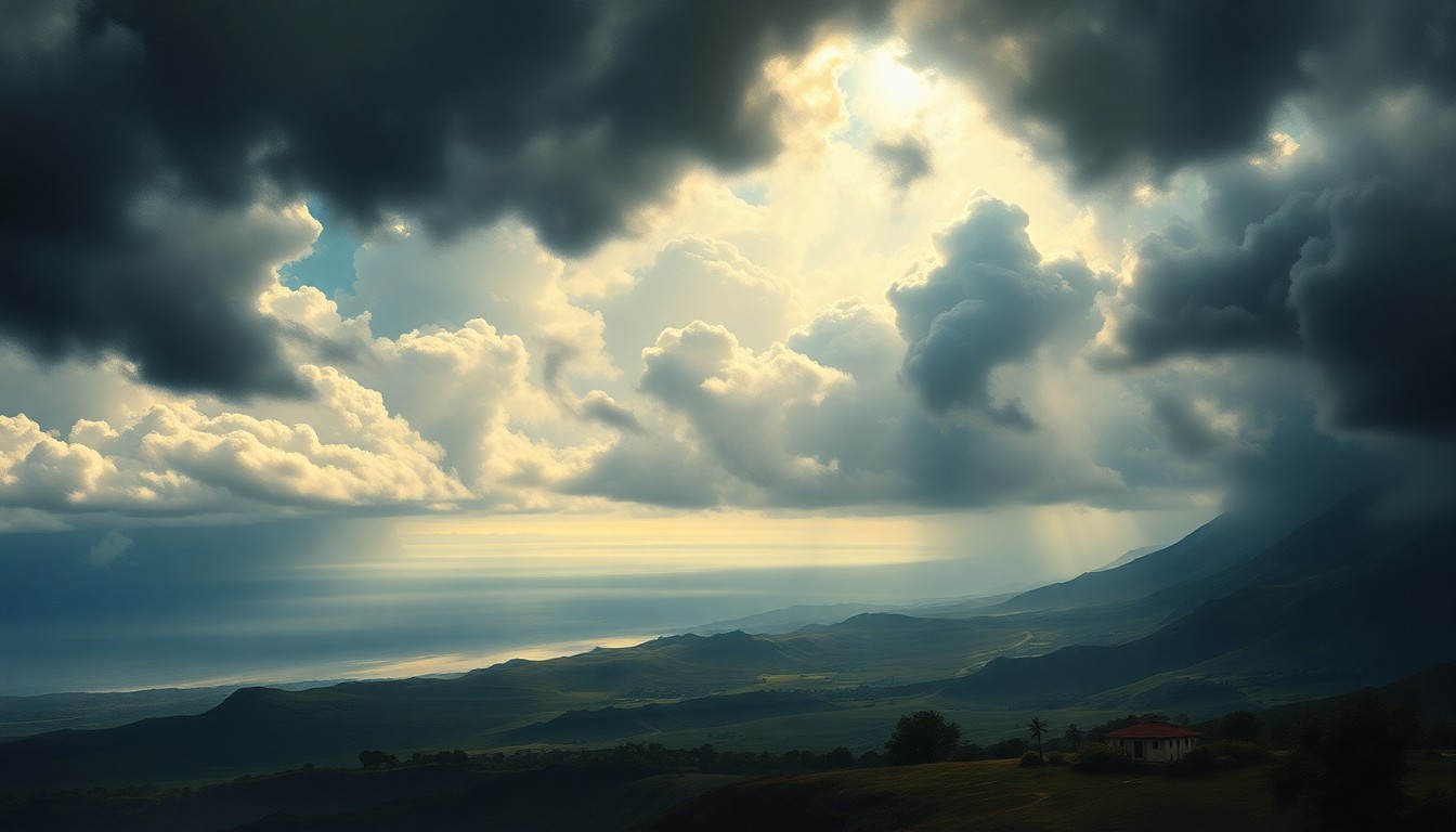 A vast, majestic landscape painting in the style of Caspar David Friedrich, depicting a sweeping, atmospheric scene of a Kona low storm system over the Hawaiian islands. The composition uses deep perspective and dramatic backlighting to capture the overwhelming, sublime scale of the natural disaster, with the physical landscape and structures dwarfed by the powerful weather conditions.