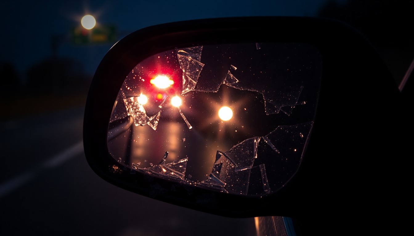 An extreme close-up photograph of a shattered car side mirror reflecting the faint glow of emergency lights, conceptually representing the aftermath of a highway collision involving a golf cart.
