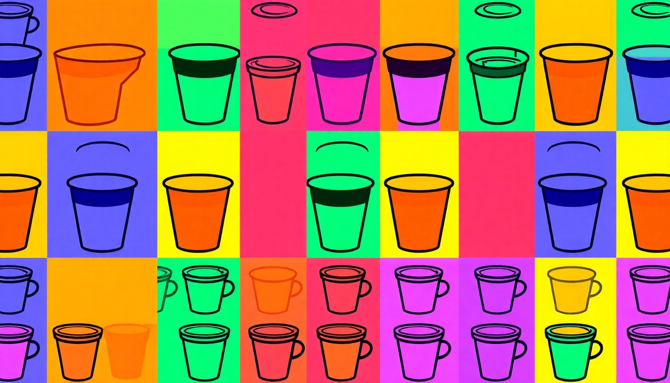 A brightly colored, high-contrast silkscreen print of a single, iconic coffee cup icon repeated in a tight grid pattern, conceptually representing the vibrant energy and accessibility of the new Stata Grab-and-Go dining program.