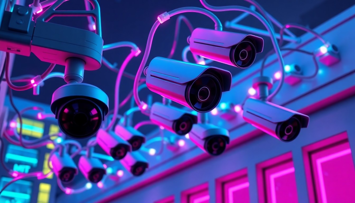 A highly detailed, glowing 3D illustration of a network of interconnected surveillance cameras and sensors mounted on the exterior of MIT campus buildings, illuminated by neon cyan and magenta lights, conceptually representing the university's major investment in advanced security technology.