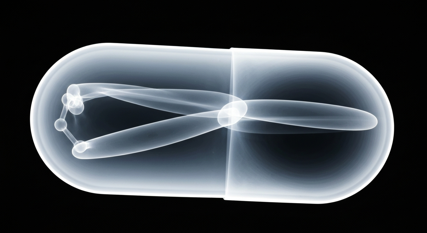 An abstract, ghostly X-ray image revealing the internal molecular structure of a Tylenol capsule, conceptually representing the scientific findings that Tylenol does not cause autism in children.