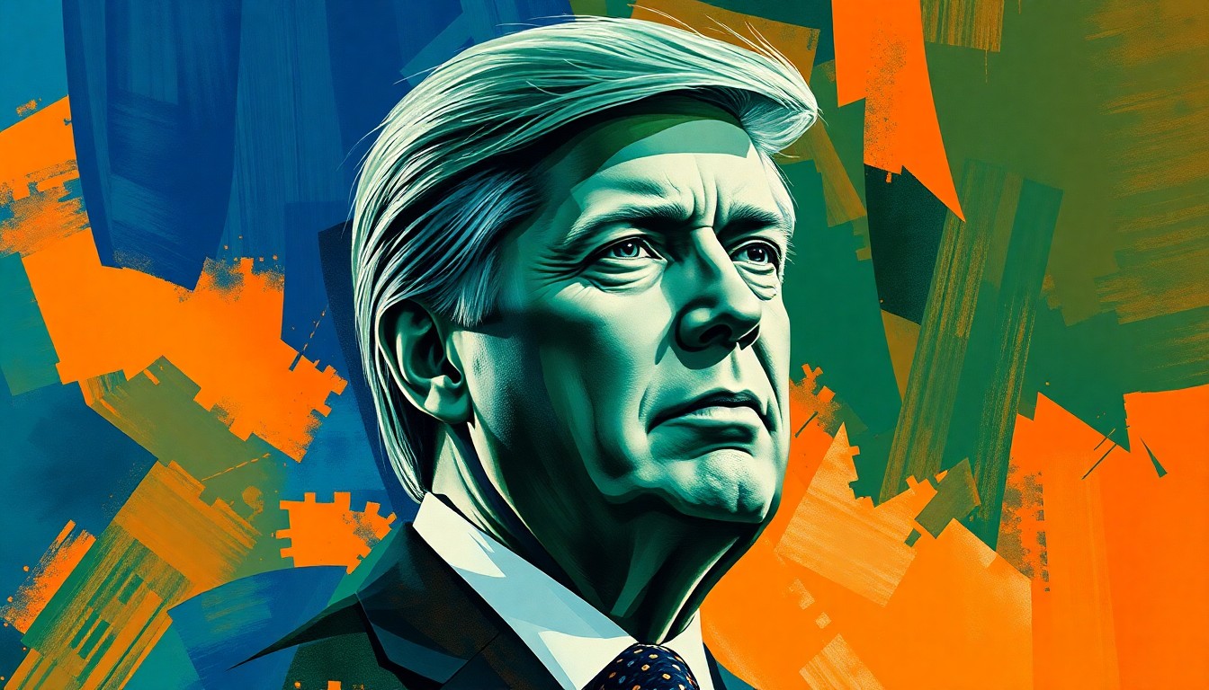 A vibrant, fragmented painting featuring overlapping geometric shapes in shades of blue, green, and orange, conveying the high-energy and high-stakes nature of the special election for New Jersey's 11th Congressional District.