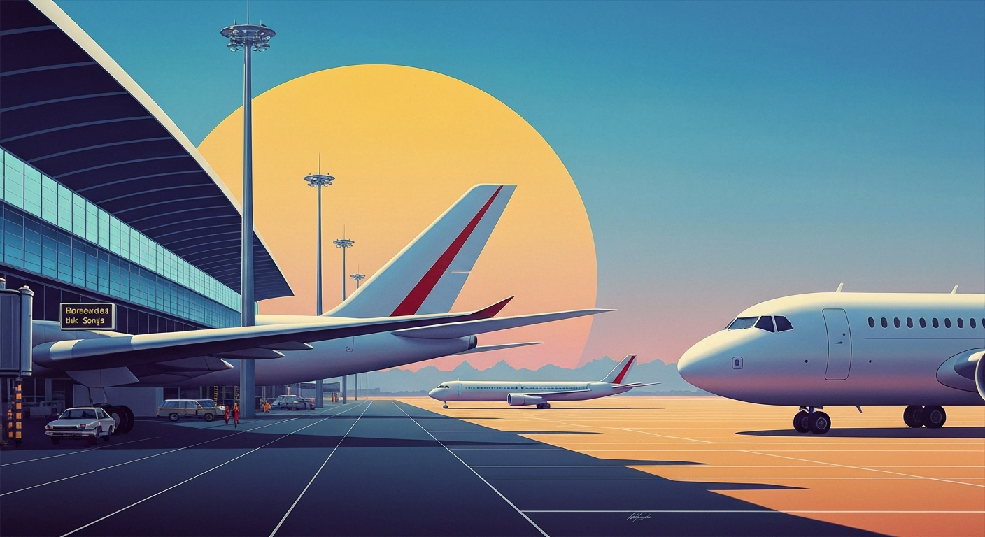 A bold, geometric illustration in the Art Deco style, featuring a towering, streamlined airport terminal or aircraft silhouetted against a vibrant gradient sky, capturing the grand scale and romance of international air travel.