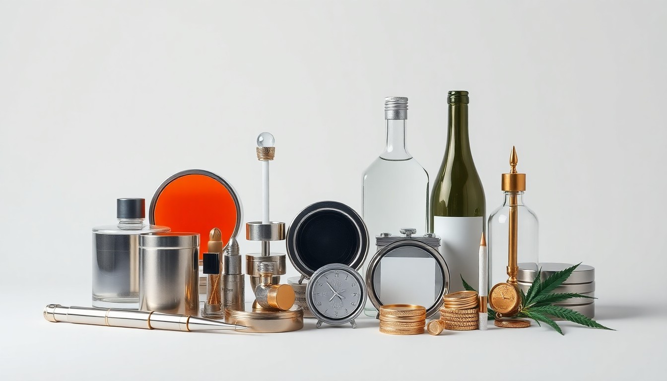 A high-end, photorealistic studio still-life featuring a collection of premium, polished objects arranged elegantly on a clean, monochromatic background, symbolizing the abstract concepts of corporate strategy, finance, and market forces at play in the local cannabis industry.