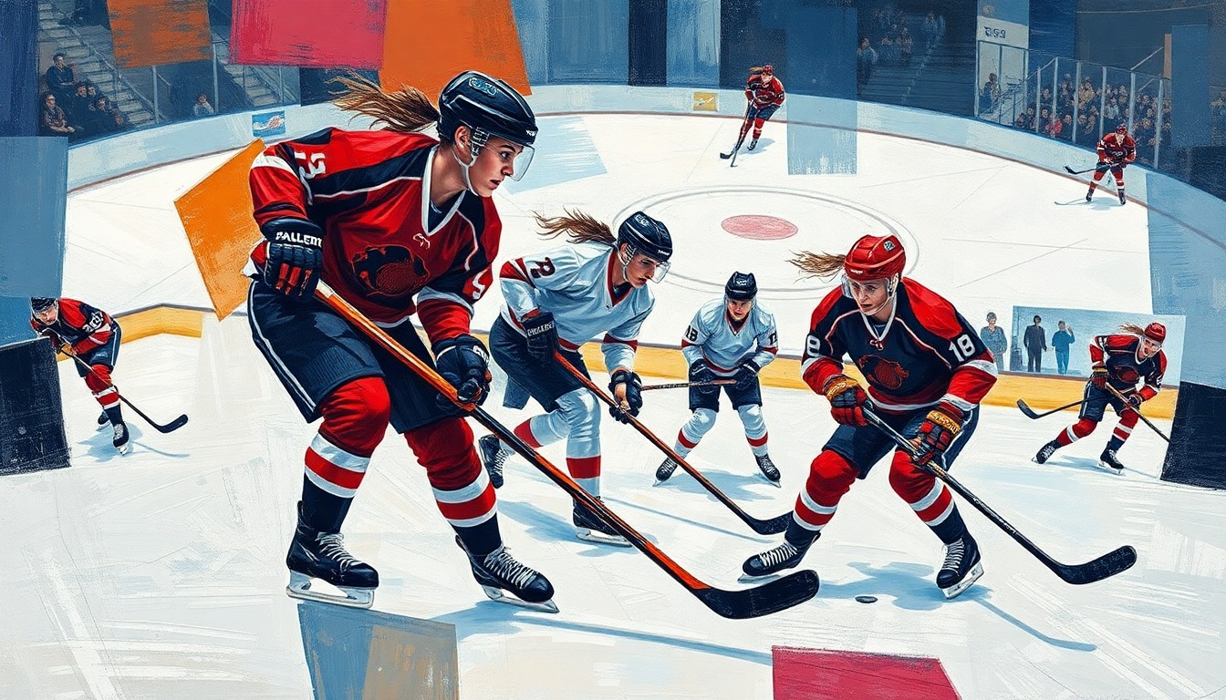 A cubist, geometric painting depicting the chaotic motion of a women's hockey game, with overlapping planes of ice, sticks, and players' bodies in dynamic movement.
