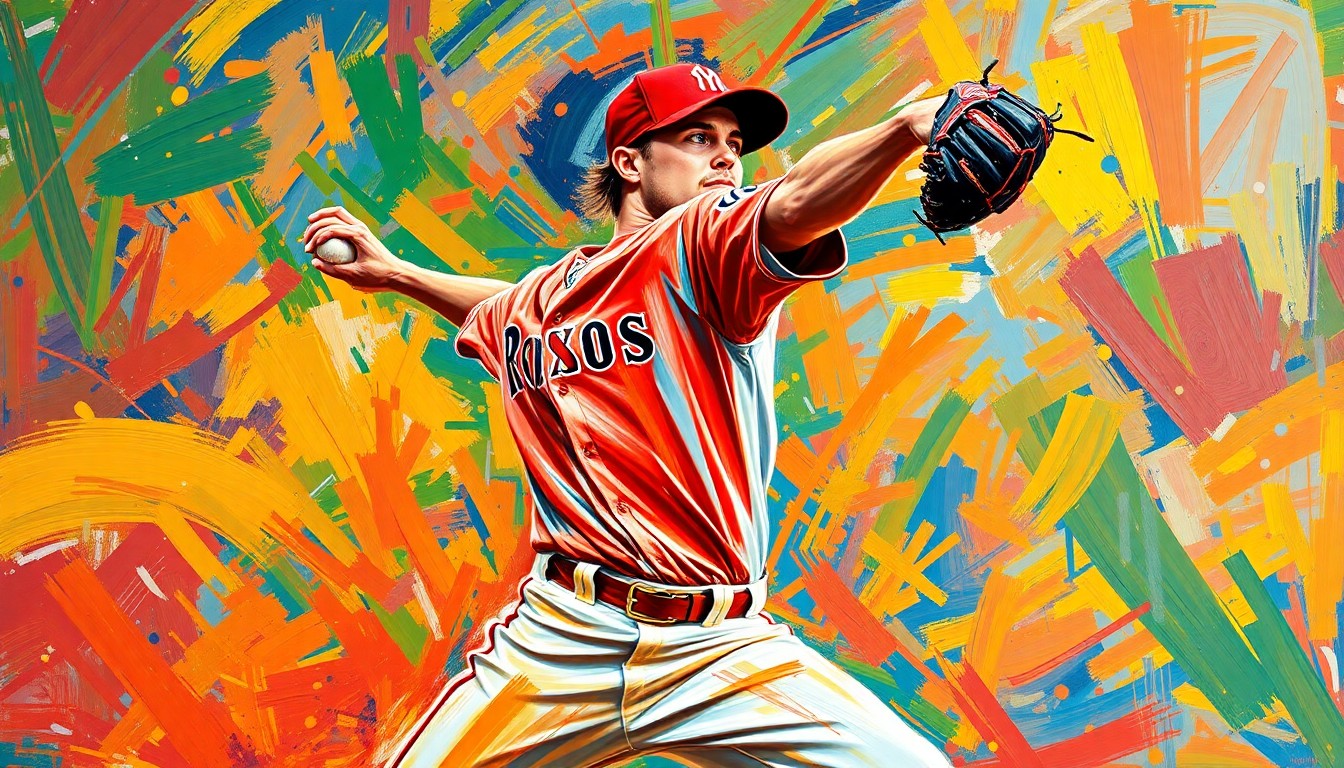 A dynamic, colorful painting depicting the powerful pitching motion of Braves pitcher Bryce Elder, with his body and the baseball blending into a swirling, energetic composition of neon brushstrokes.