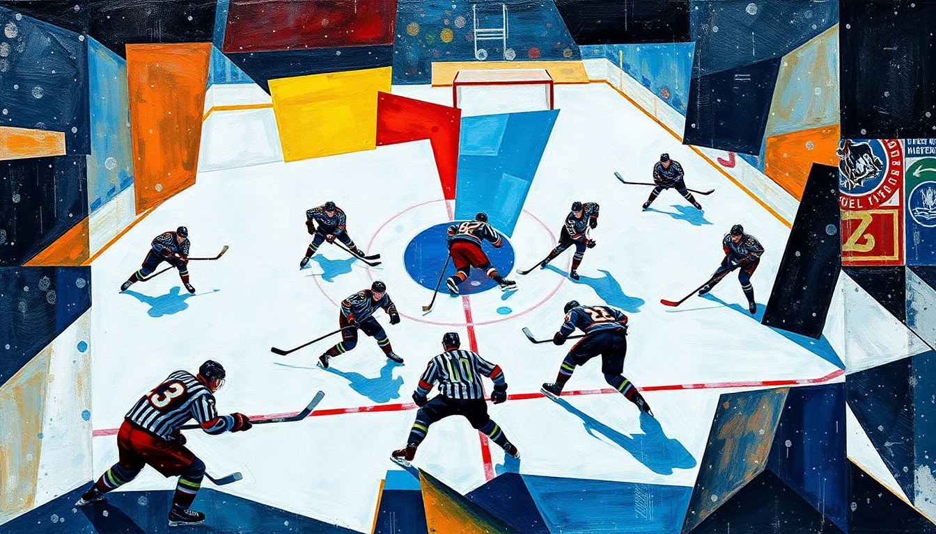 A fragmented, geometric painting depicting a hockey game, with the players and ice broken down into abstract shapes and planes of color, capturing the raw energy and motion of the sport.