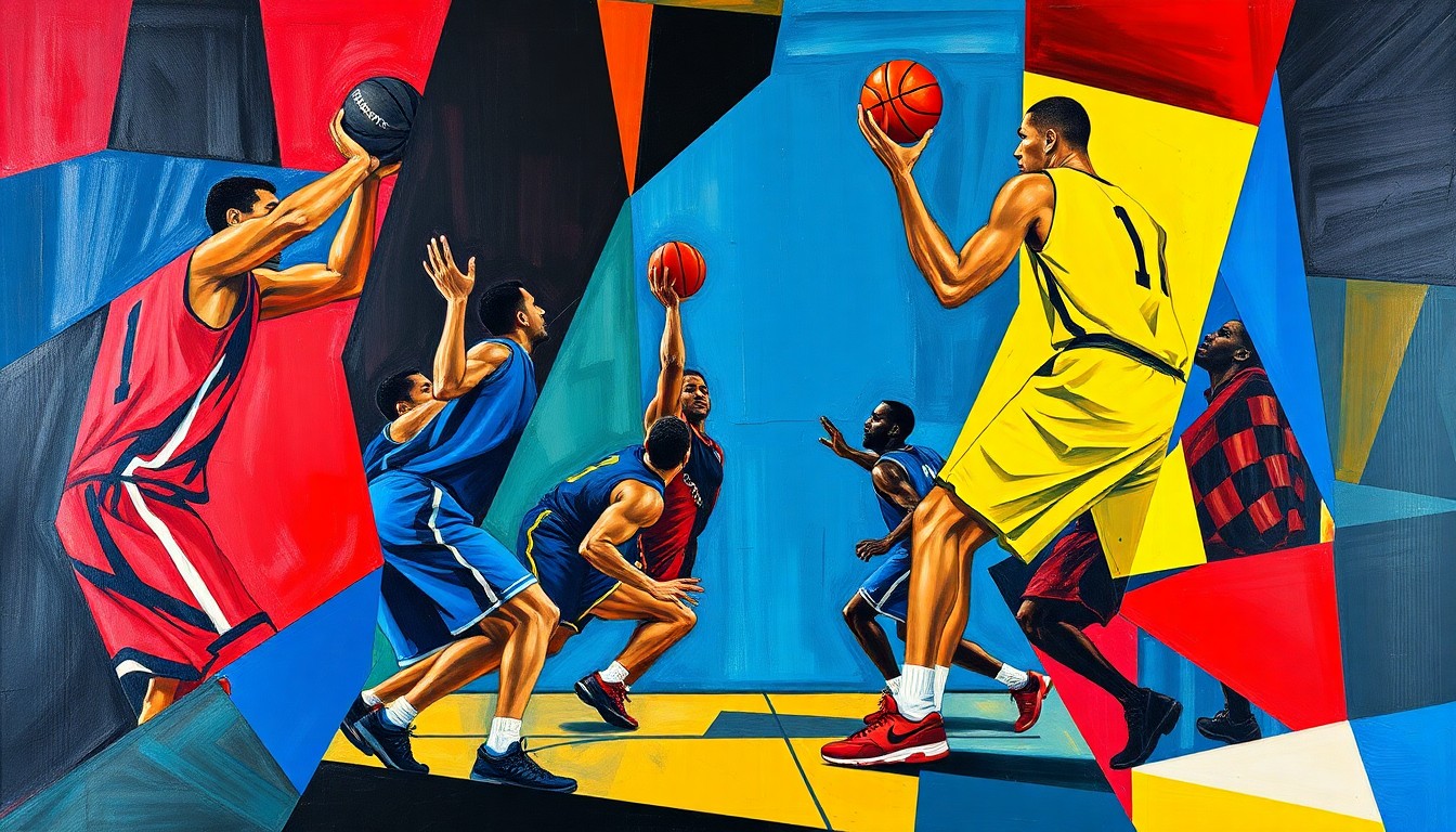 A cubist-style painting featuring fragmented, geometric shapes in vibrant colors that abstractly represent a basketball game or match, conveying the intensity and uncertainty surrounding the recruitment of a top high school player.