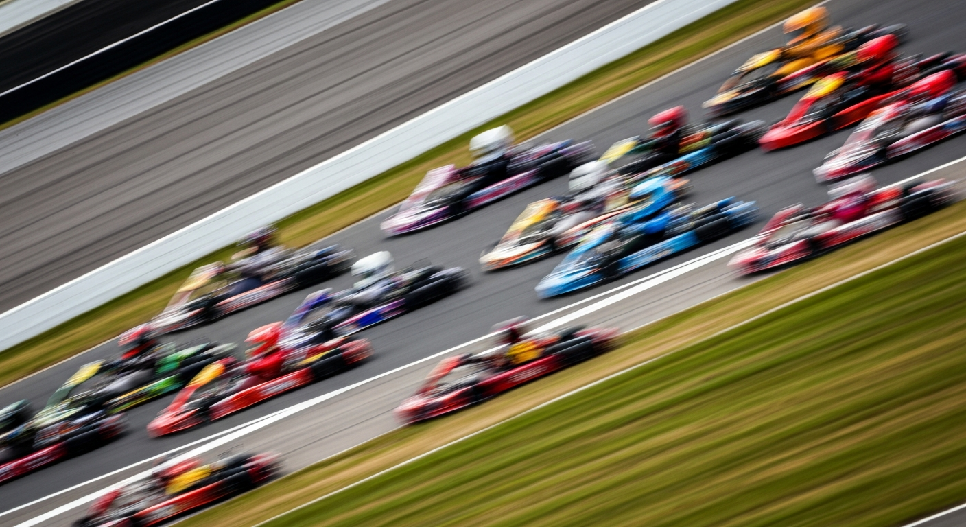 An abstract, blurred image of go-karts racing around a track, with vibrant streaks of color and motion conveying the energy and excitement of the high-speed experience.