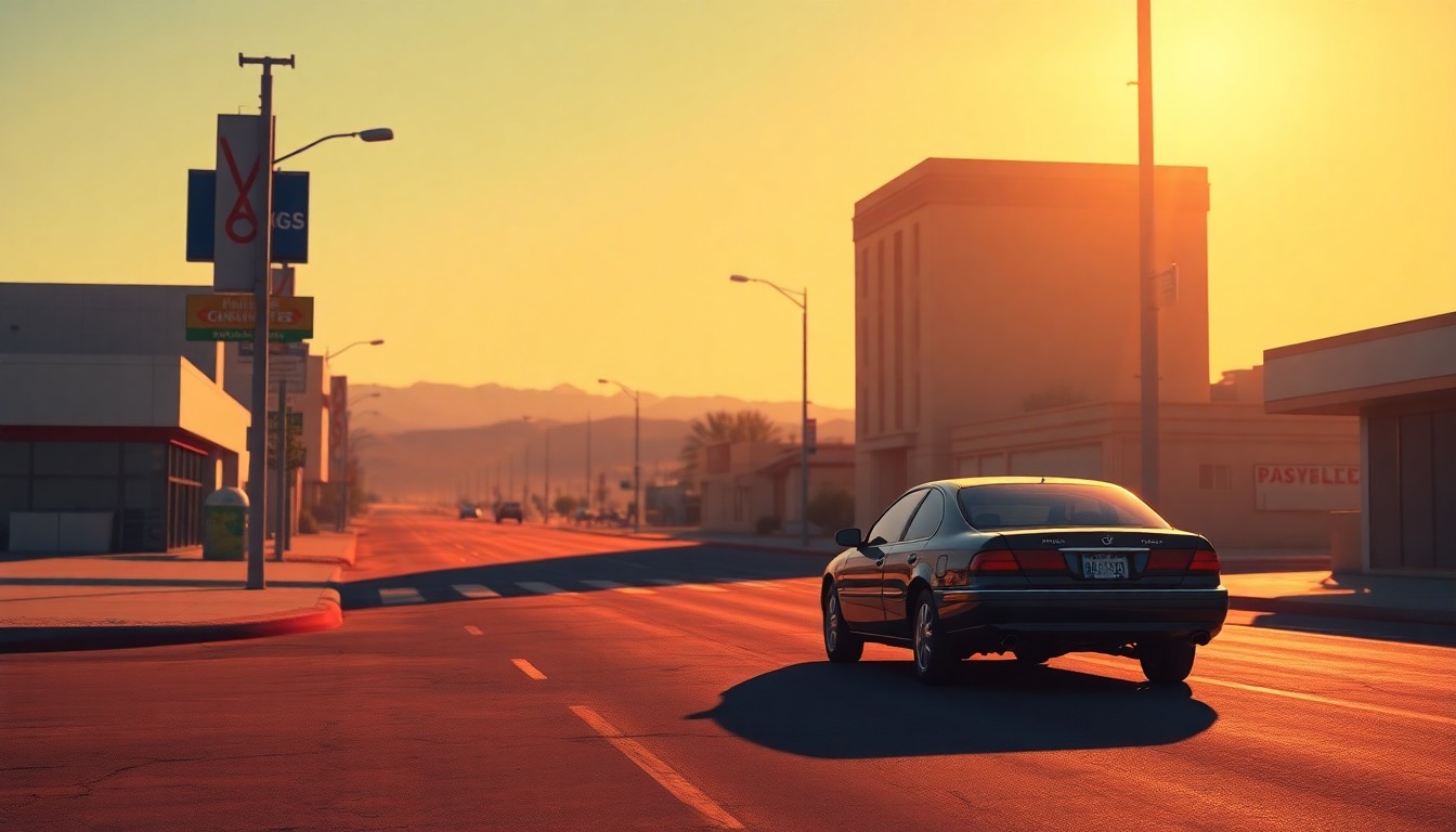 A photorealistic painting of a lone car parked on a quiet Las Vegas street, the vehicle's silhouette reflected in the warm, golden light of the setting sun, conveying a sense of solitude and the financial strain felt by the city's commuters.