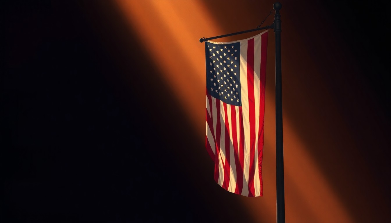 A photorealistic painting of an American flag hanging from a flagpole, the fabric draped and weathered, the pole casting long shadows across a dimly lit urban setting, evoking a sense of melancholy and the fragility of democratic institutions.