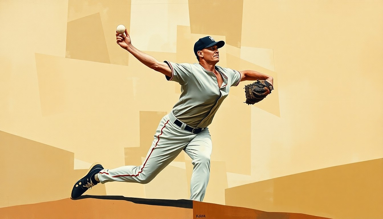 A fragmented, geometric painting depicting a baseball pitcher's throwing motion broken down into overlapping planes of muted earth tones, conceptually representing the complexity of a pitching injury.