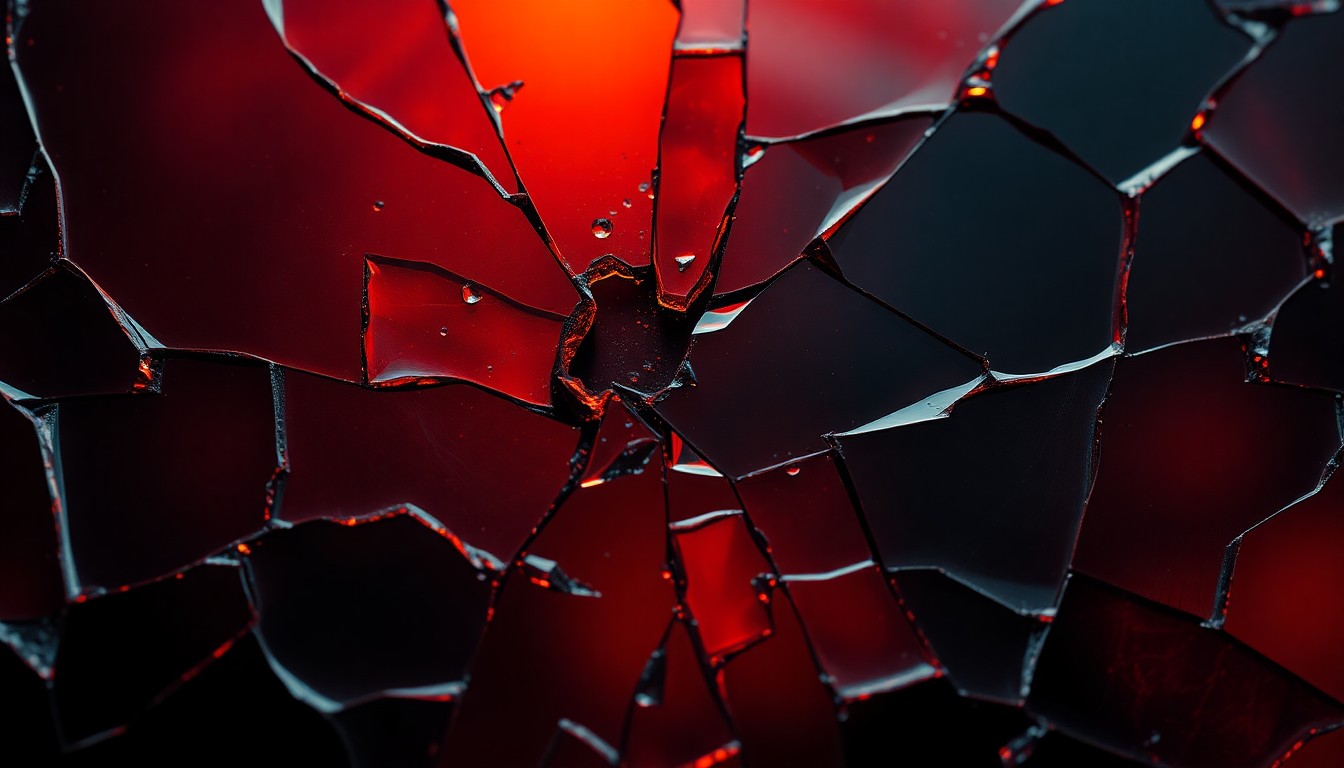 An extreme close-up of a shattered, reflective glass surface in deep amber, crimson, and inky black tones, conceptually representing the visceral horror and transformation at the heart of the 'Werwulf' film.