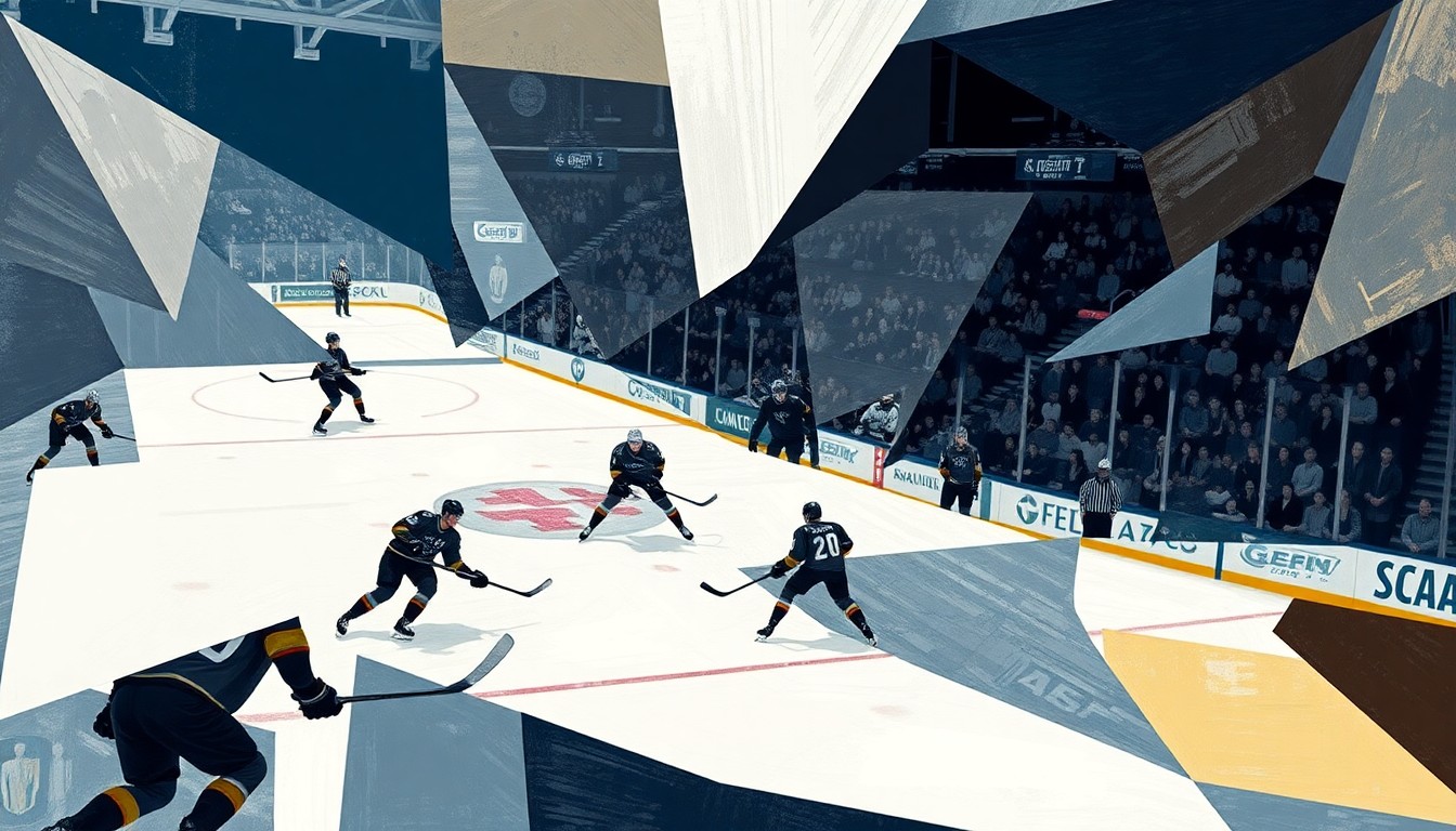 A fractured, cubist-style painting depicting the intensity and movement of a hockey game, with players and the ice reduced to abstract geometric shapes and angles in a vibrant color palette.