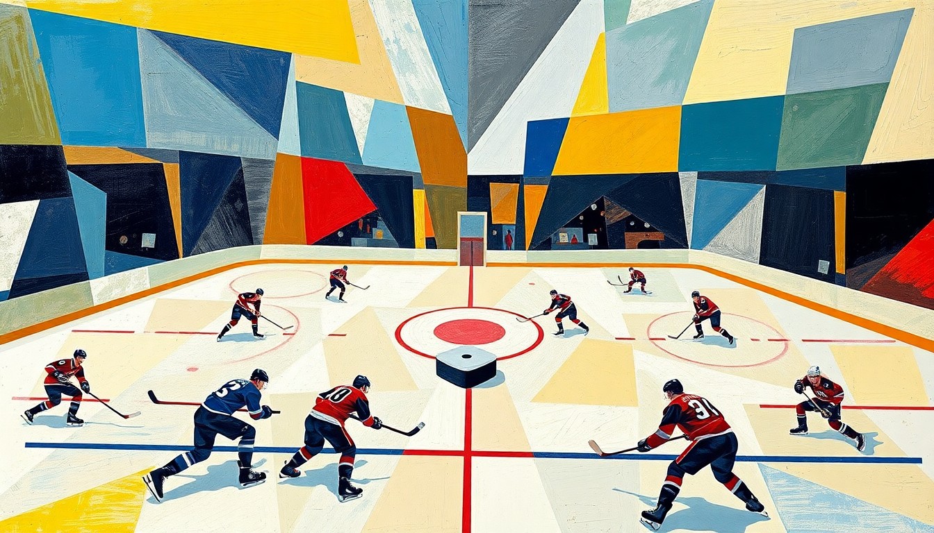 A cubist, geometric painting depicting a hockey game, with the players and ice rink broken down into abstract shapes and planes of color, the puck as the central focus.