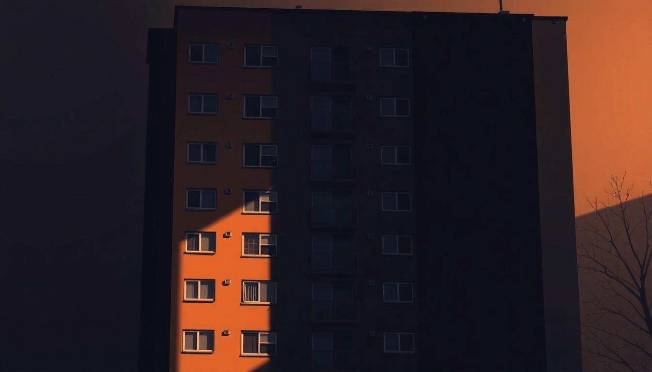 A serene, cinematic painting of a mid-rise apartment building in warm, golden light, capturing the quiet tension between state housing policies and community-level concerns.