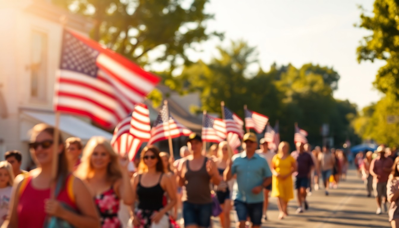 An extremely abstracted, out-of-focus photograph of a lively parade scene, with blurred figures and American flags in a soft, warm glow of light and color, conceptually representing the festive spirit and financial challenges of a local civic celebration.