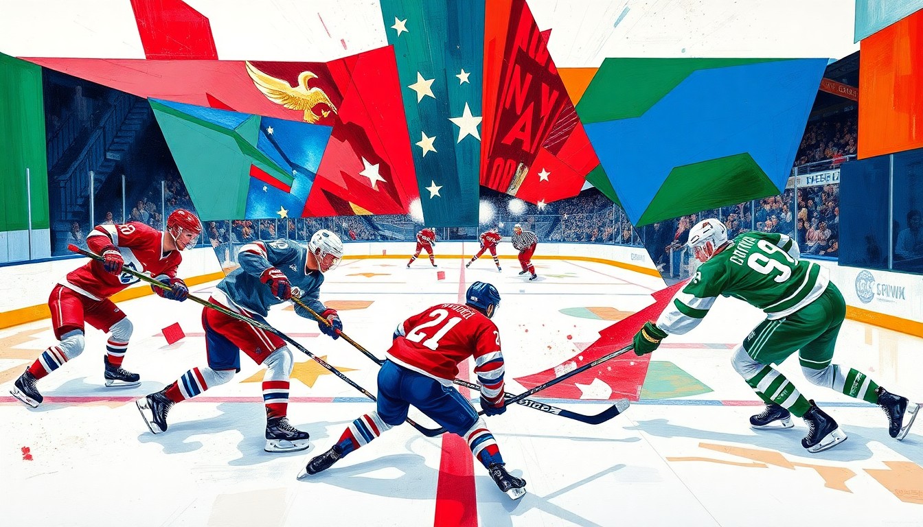 A fractured, cubist-style painting depicting a PWHL hockey game, with the players and action broken down into sharp, overlapping geometric shapes and planes in the colors of the Sirens and Sceptres uniforms.