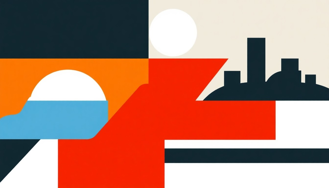 A minimalist composition of overlapping triangles and rectangles in shades of blue, yellow, and red, conveying a sense of balance and economic progress without any text or literal imagery.