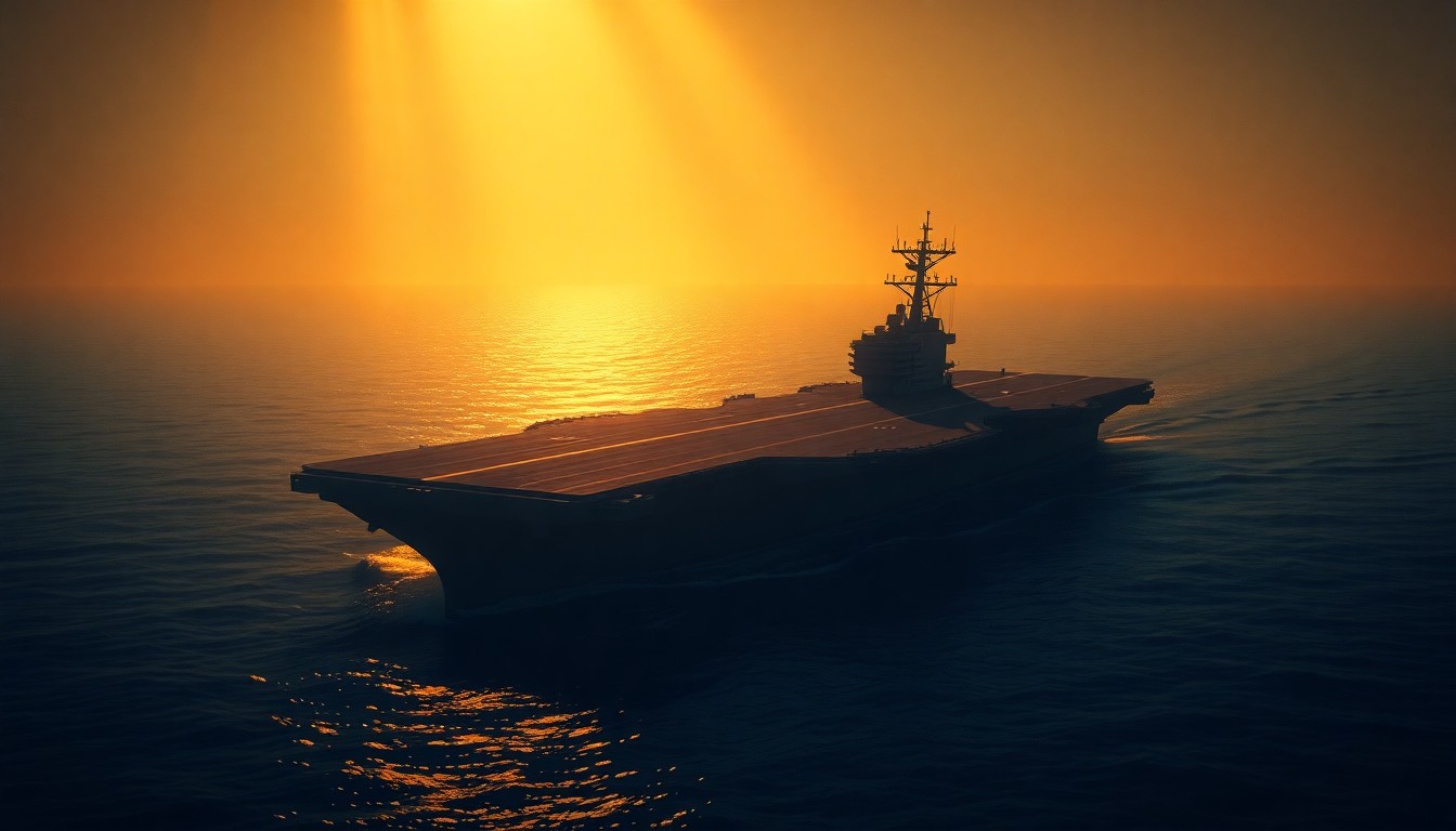 A serene, photorealistic painting of the USS Gerald R. Ford aircraft carrier at sea, with warm sunlight casting dramatic shadows across the ship's gray hull and superstructure. The carrier is the sole focus of the image, conveying a sense of isolation and the weight of its extended deployment.