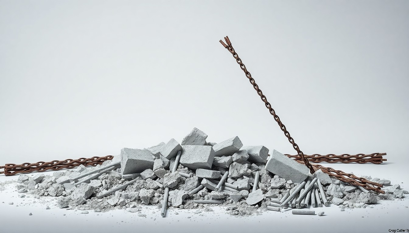 A high-end, photorealistic studio still-life photograph showing a pile of crumbled concrete rubble and twisted metal rods, symbolizing the demolition of the old Westminster Mall on a clean, monochromatic background.