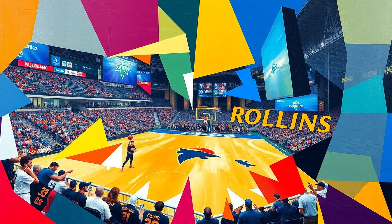 A dynamic, cubist-style painting featuring overlapping geometric shapes and planes in the team colors of Palm Beach Atlantic and Rollins College, conveying the energy and competition of the college sports game.