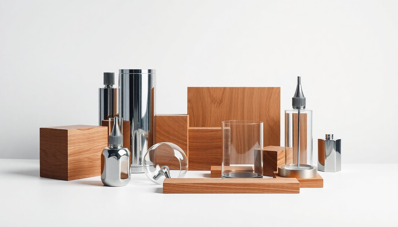 A minimalist studio still life featuring a collection of sleek, geometric objects made from polished metal, glass, and wood, conceptually representing the abstract concepts of supply chain optimization, logistics automation, and data-driven decision making.