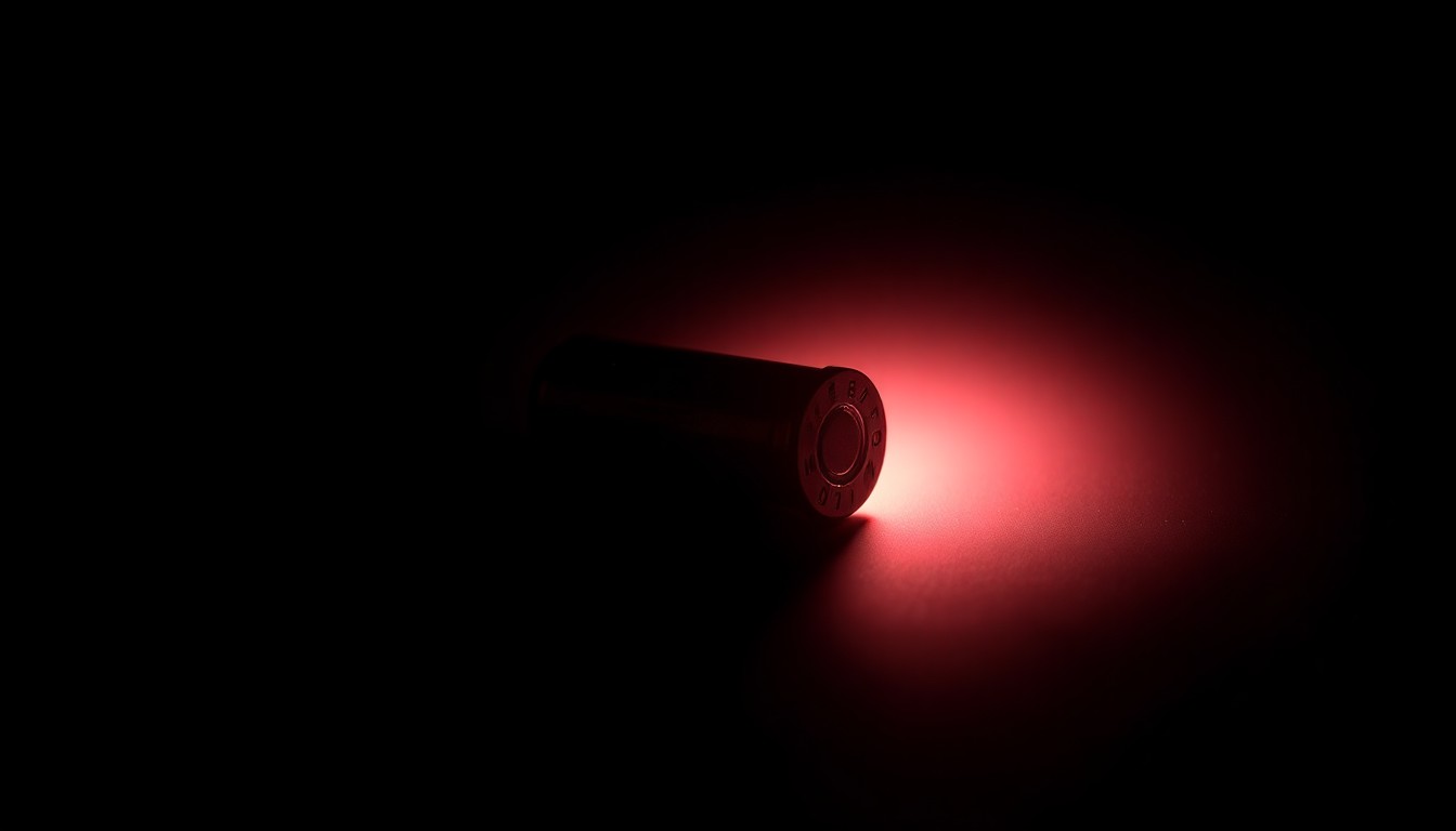 An extreme close-up photograph of a single bullet casing on a dark background, lit by a harsh, direct camera flash, conceptually representing the dangerous weapon that was brought into the school.