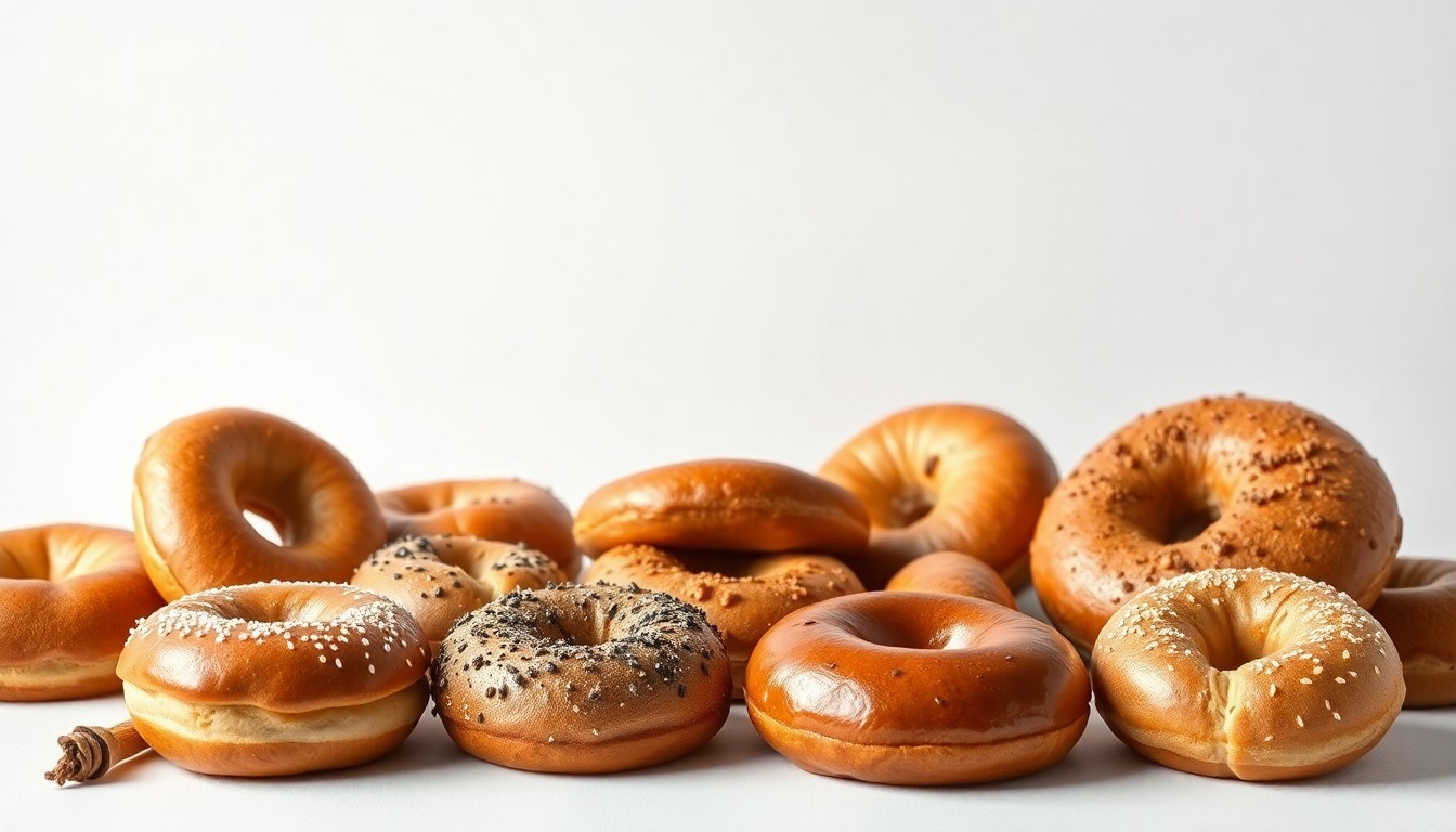A high-end, photorealistic studio still-life photograph featuring a selection of freshly baked bagels, doughnuts, and other Jewish baked goods arranged elegantly on a clean, white seamless background, conceptually representing the premium quality and craftsmanship of the bakery's products.